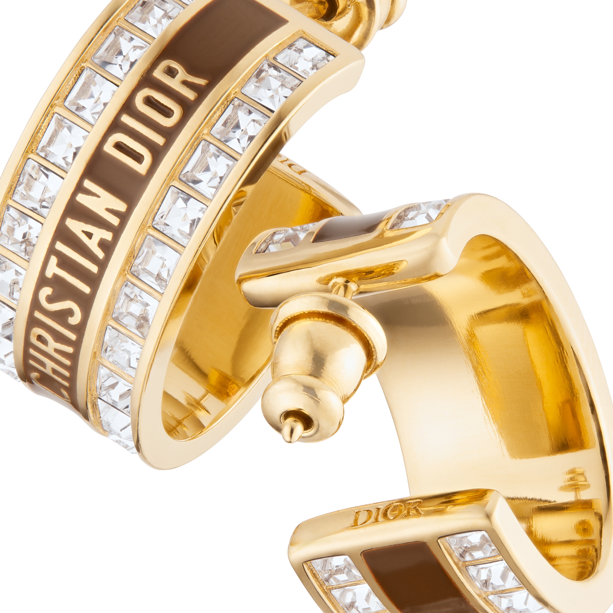 Dior Night Code Hoop Earrings Gold-Finish Metal, White Crystals and Tobacco Brown Lacquer E09