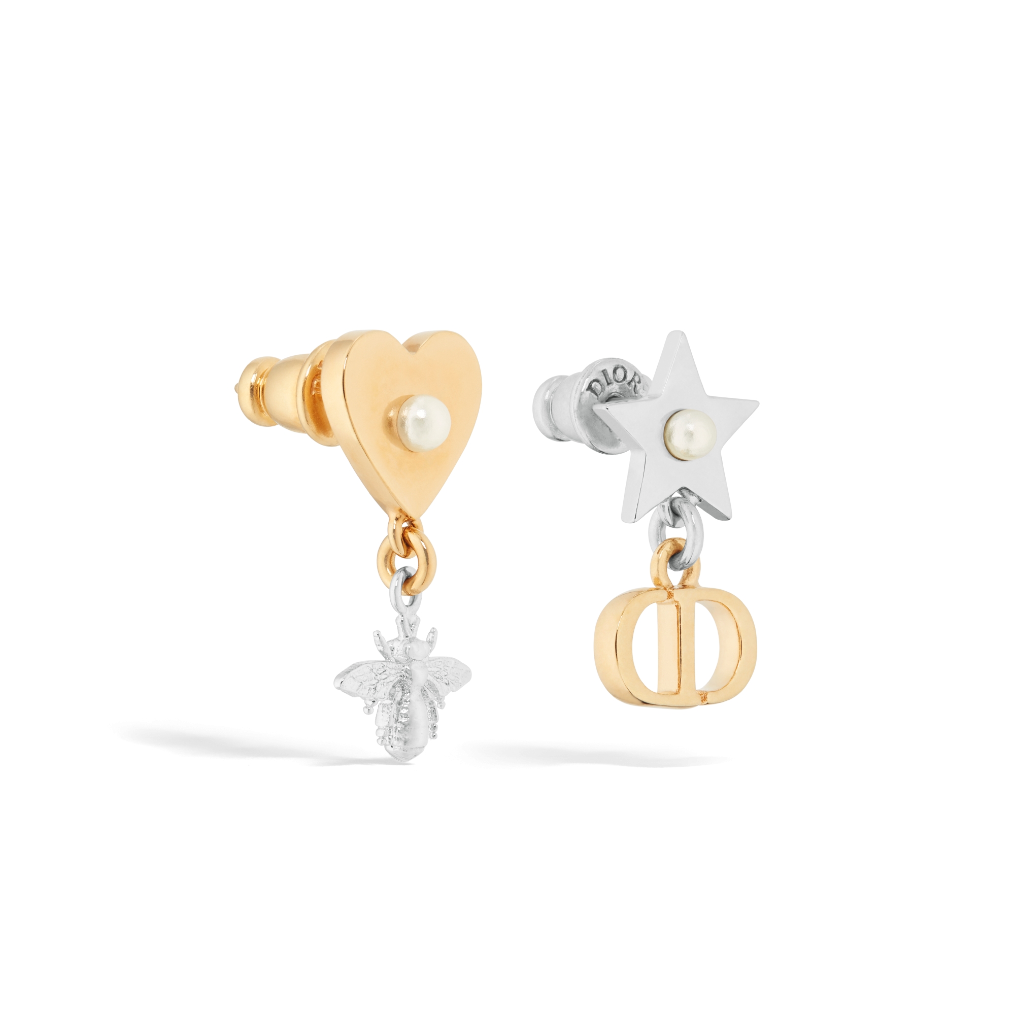 Petit CD Lucky Charms Earrings Gold-Finish and Silver-Finish Metal with White Resin Pearls E03