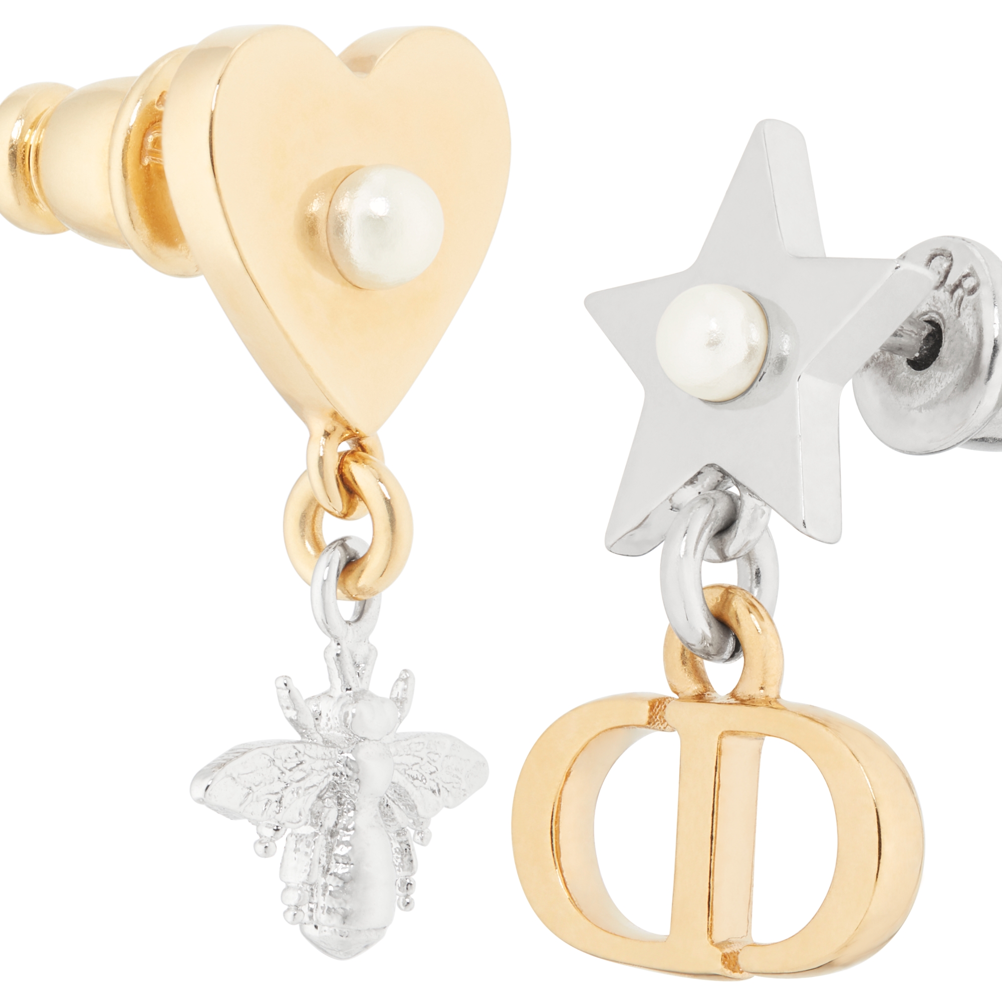 Petit CD Lucky Charms Earrings Gold-Finish and Silver-Finish Metal with White Resin Pearls E09