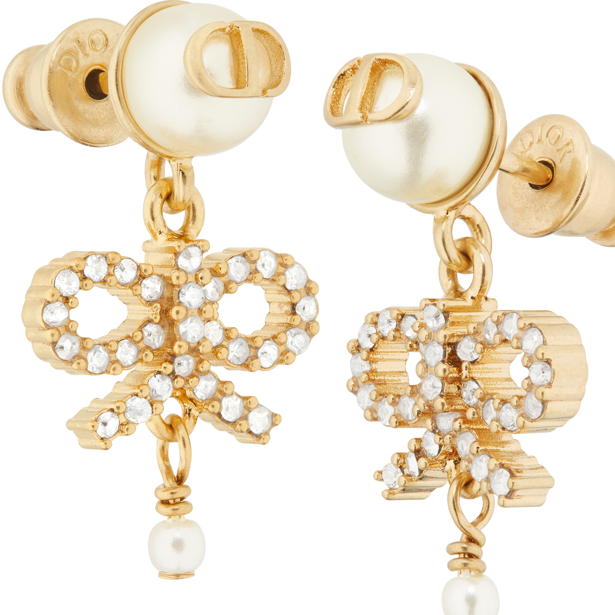 Le Nœud de Dior Earrings Gold-Finish Metal with White Resin Pearls and Silver-Tone Crystals E09