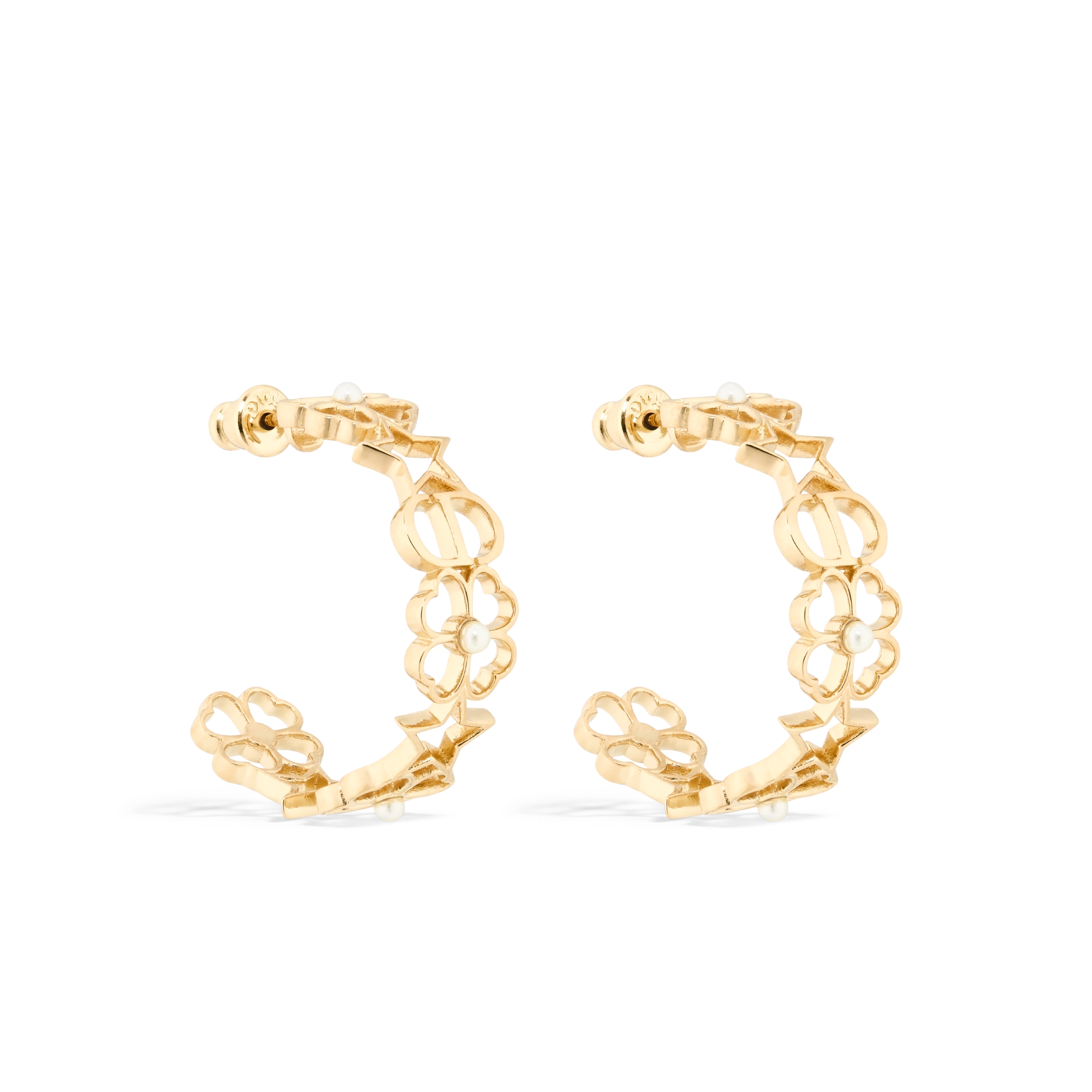 Dior Lucky Lace Hoop Earrings Gold-Finish Metal and White Resin Pearls E03