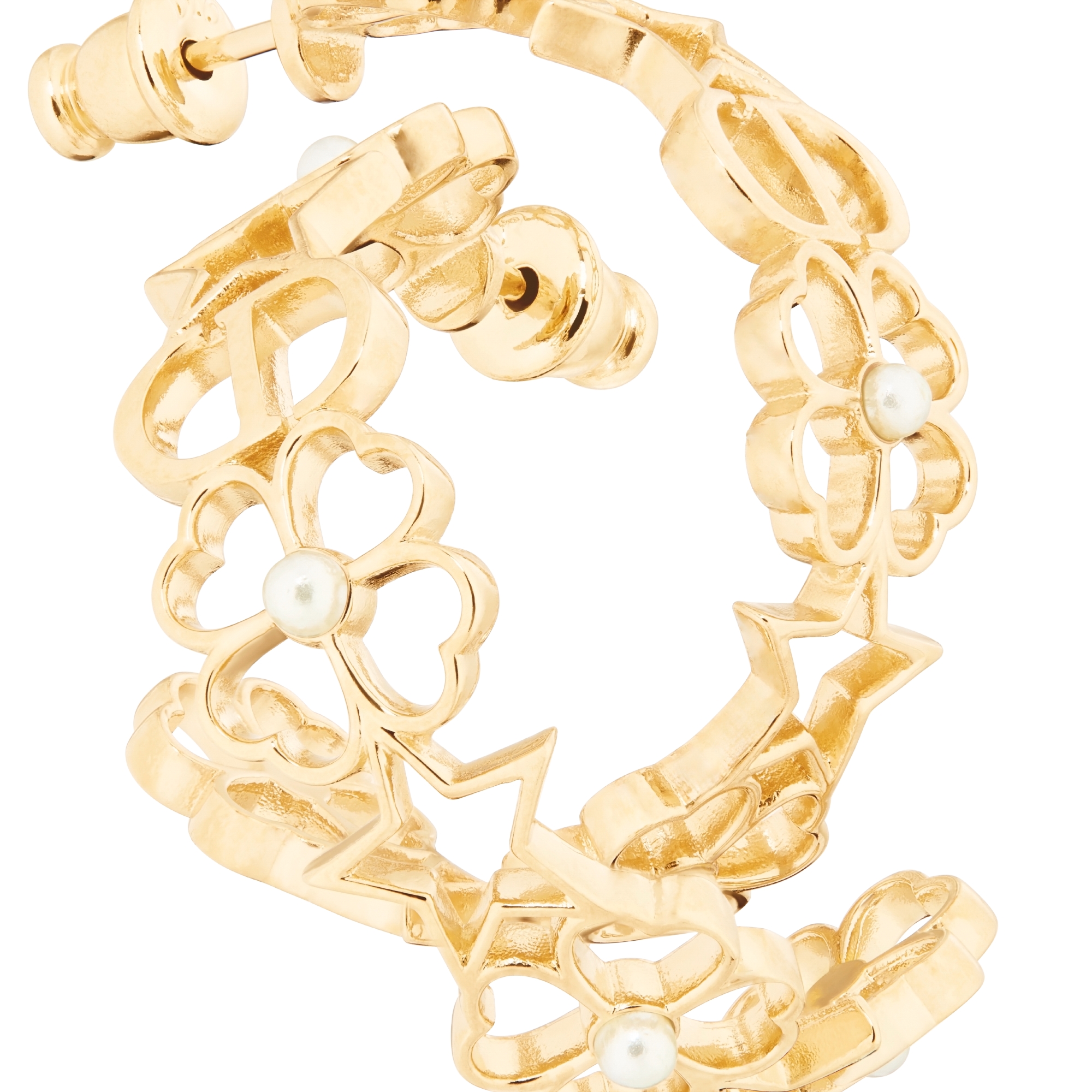 Dior Lucky Lace Hoop Earrings Gold-Finish Metal and White Resin Pearls E09