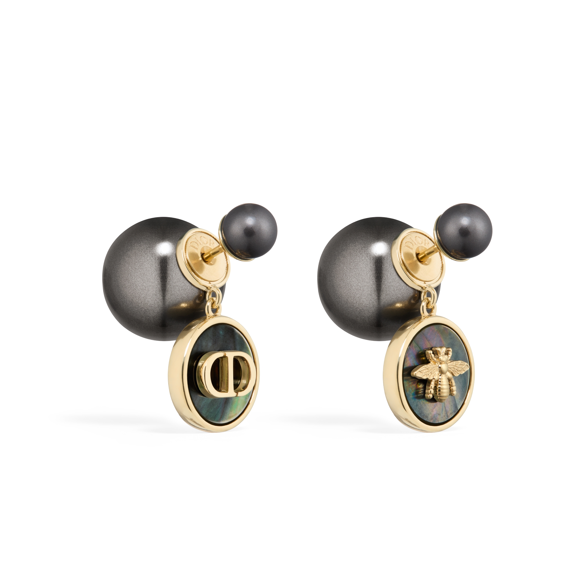 Dior Tribales Ohrringe Metall mit Gold-Finish, Kunstharzperlen in sattem Grau und Tahiti-Perlmutt E03