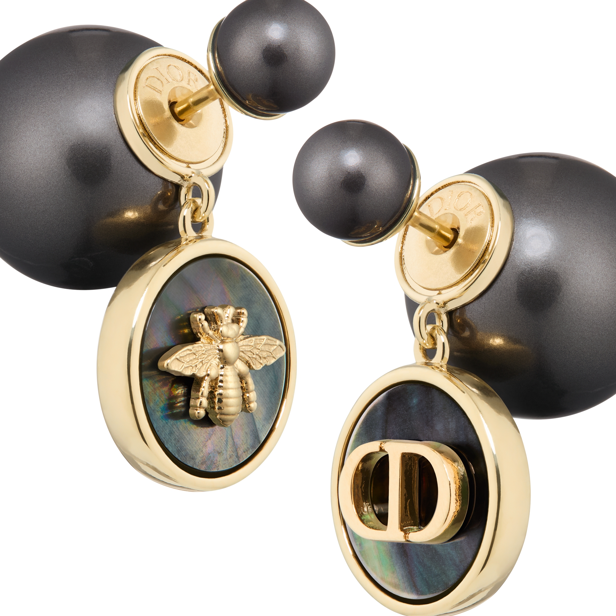 Dior Tribales Earrings Gold-Finish Metal, Deep Gray Resin Pearls and Tahiti Mother-of-Pearl E09