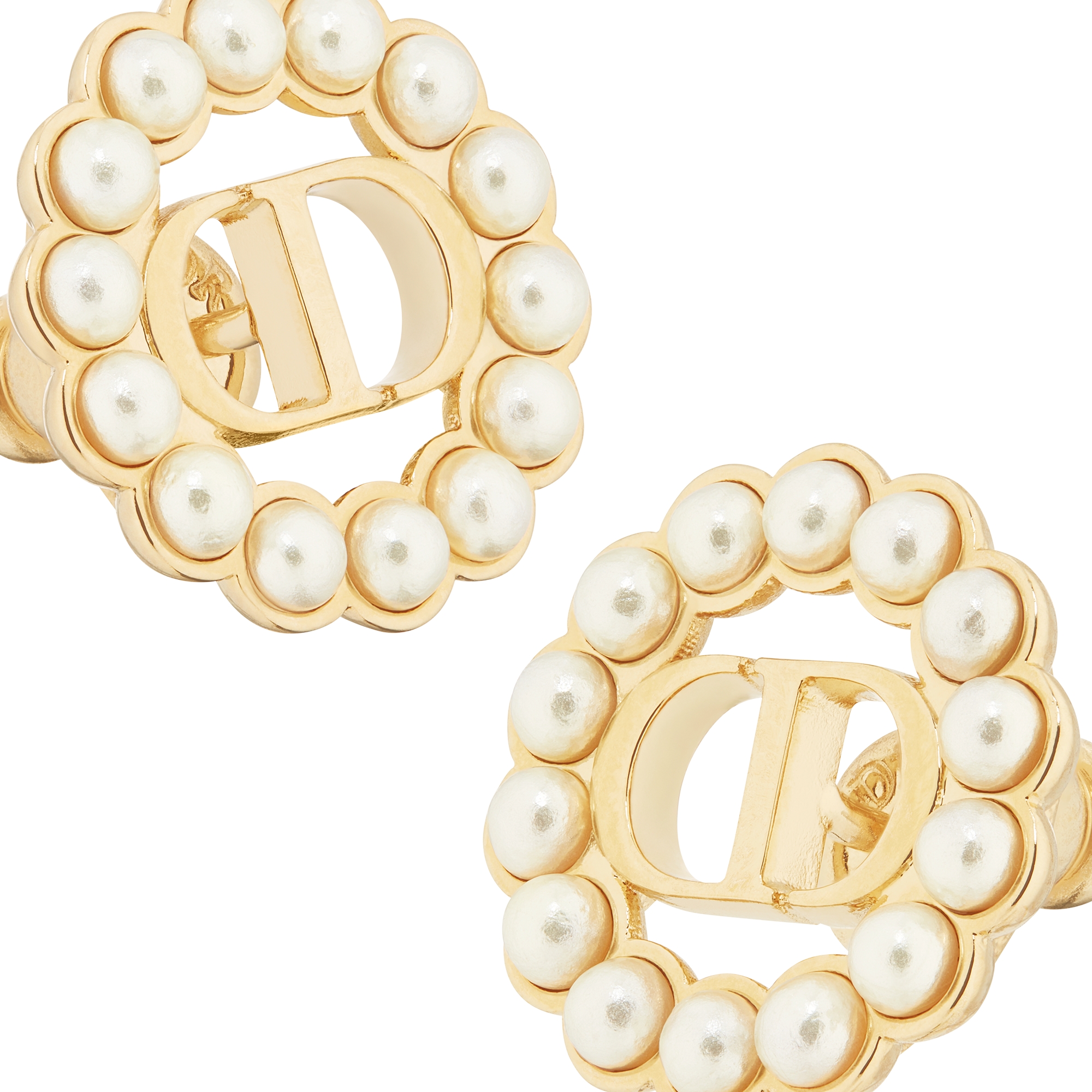 Petit CD Circle Stud Earrings Gold-Finish Metal and White Resin Pearls E09