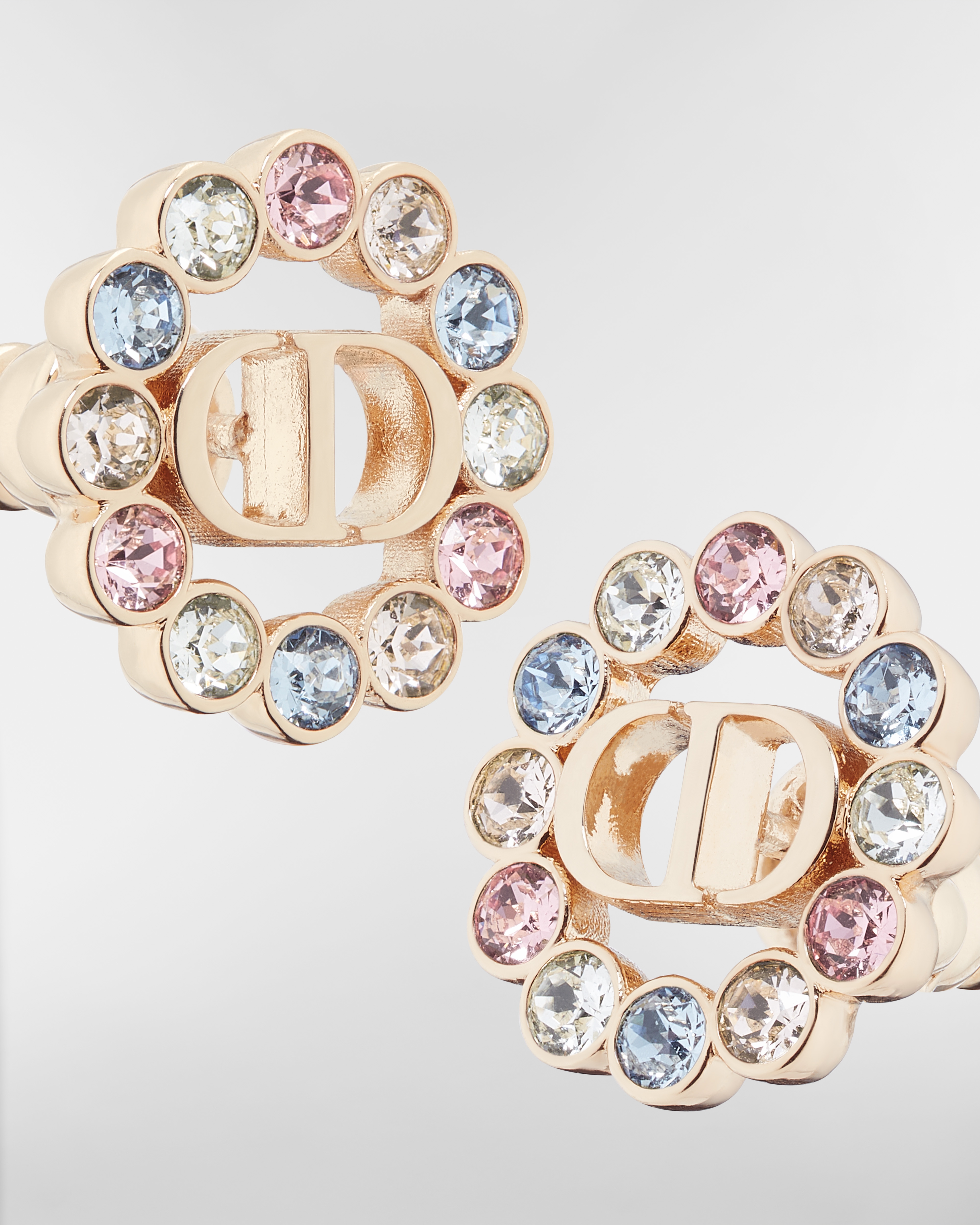 Petit CD Circle Stud Earrings Pale Gold-Finish Metal and Multicolor Crystals E09