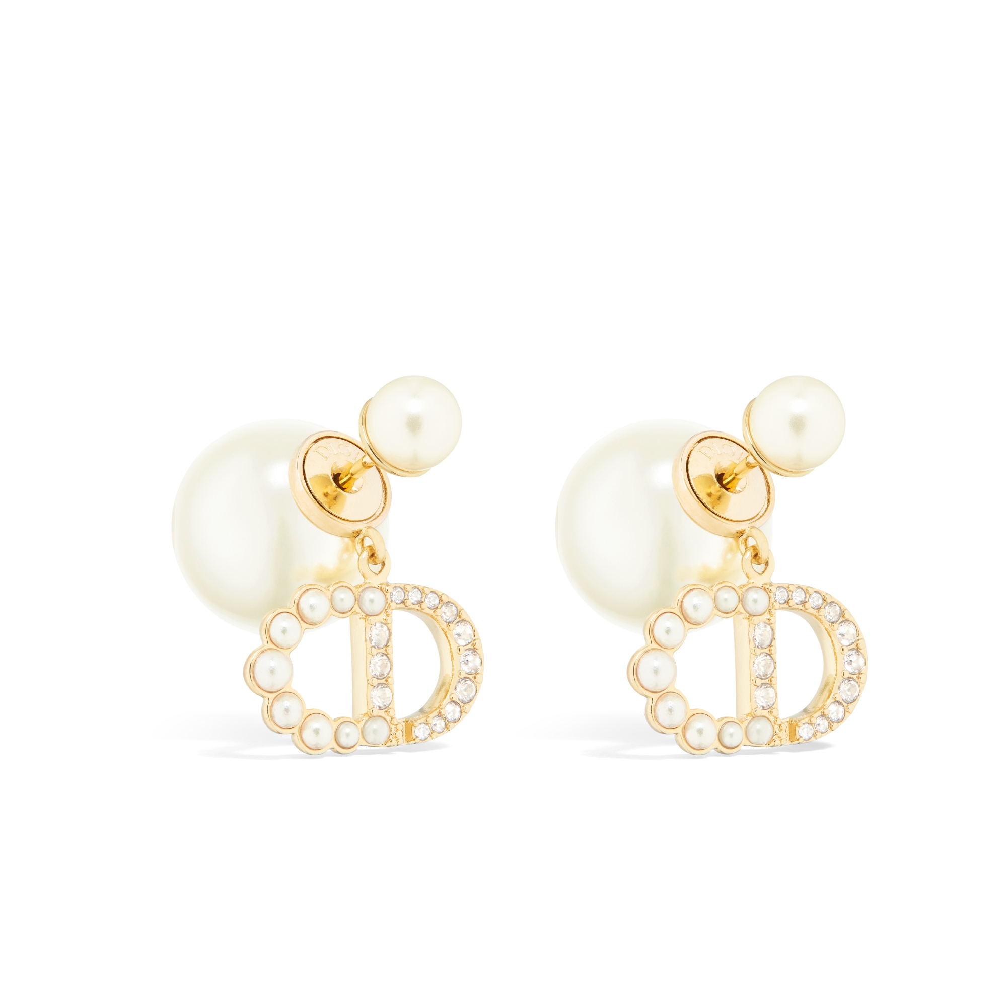 Dior Tribales Ohrringe Metall mit Gold-Finish, Kunstharzperlen in Weiß und funkelnde Kristalle E03