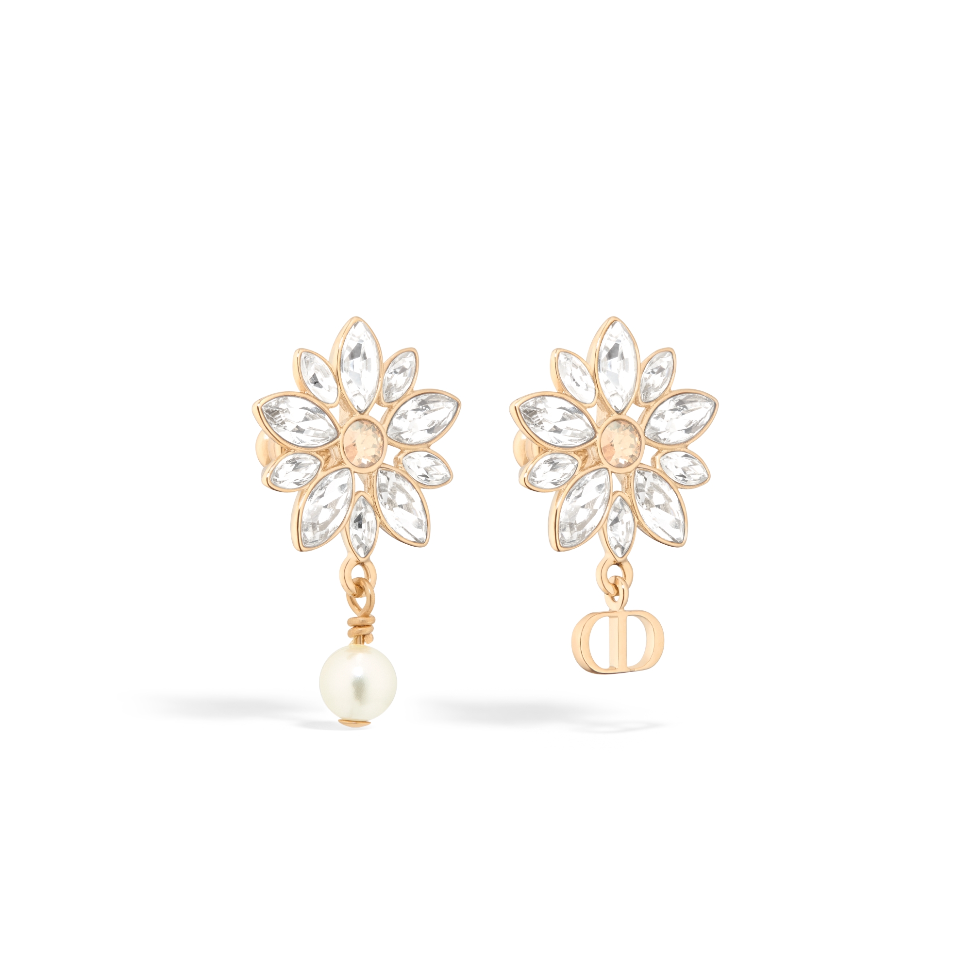 Fleur de Glace Earrings Pale Gold-Finish Metal with White Resin Pearl and Gold- and Silver-Tone Crystals E03