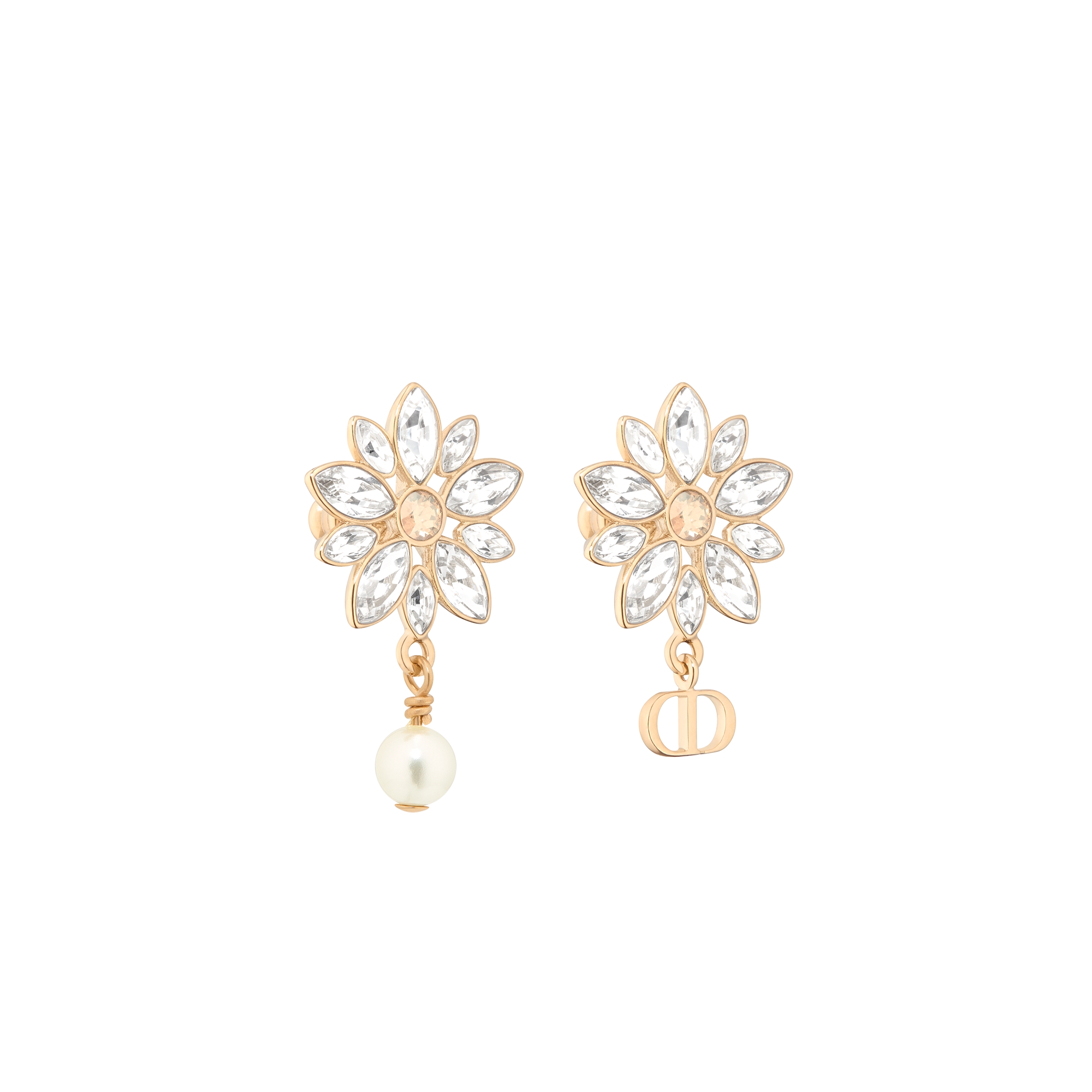 Fleur de Glace Earrings Pale Gold-Finish Metal with White Resin Pearl and Gold- and Silver-Tone Crystals E03