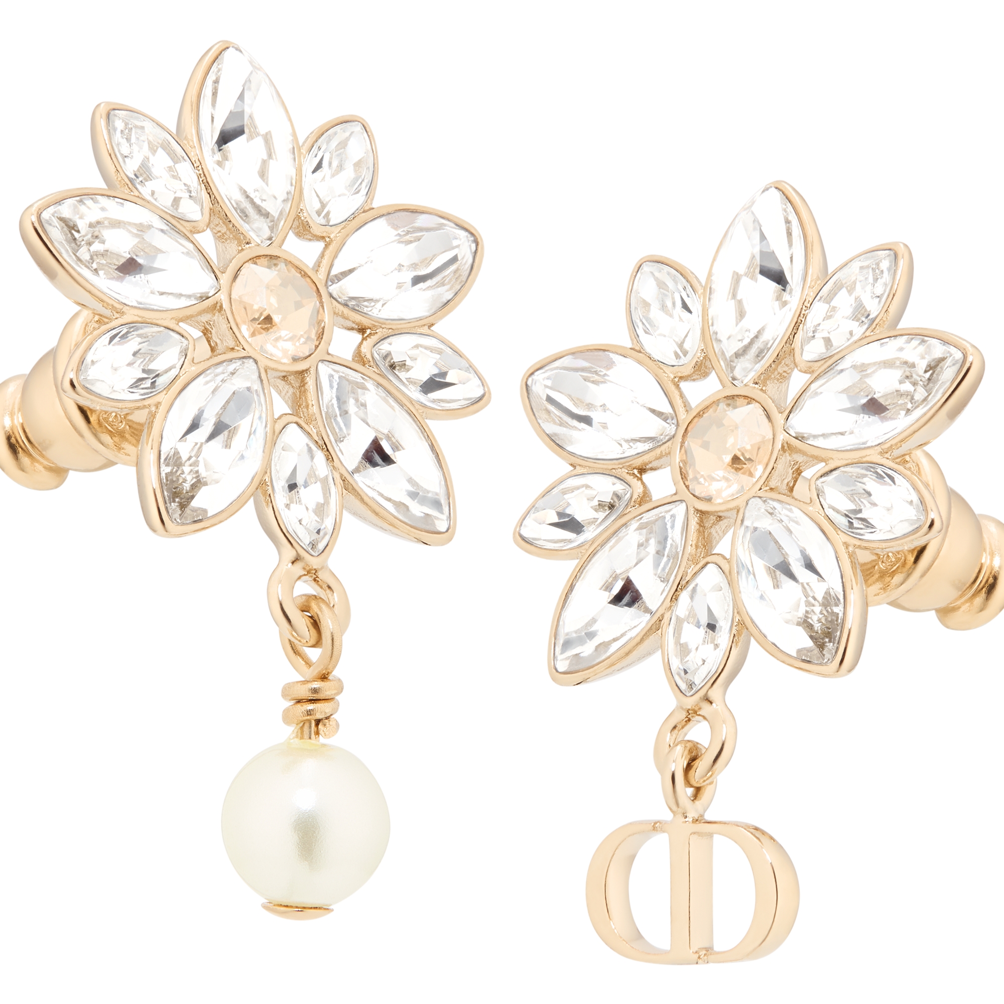 Fleur de Glace Earrings Pale Gold-Finish Metal with White Resin Pearl and Gold- and Silver-Tone Crystals E09