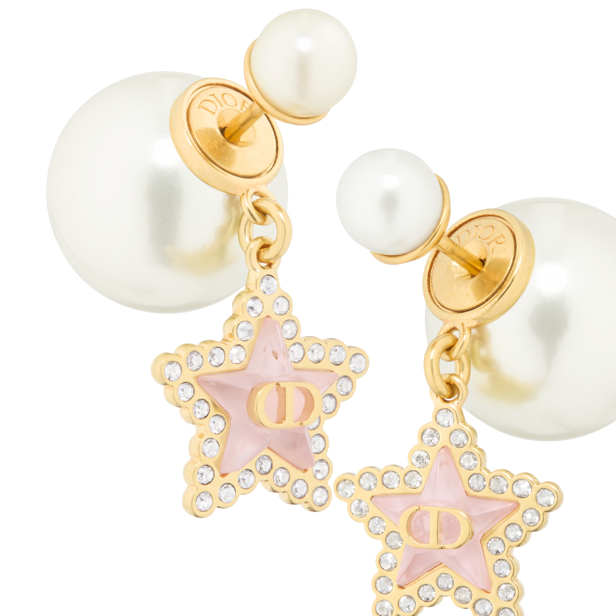 Dior Tribales-oorbellen Metaal met goudkleurige afwerking, witte harsparels, zilverkleurige kristallen en macaronroze glas E09