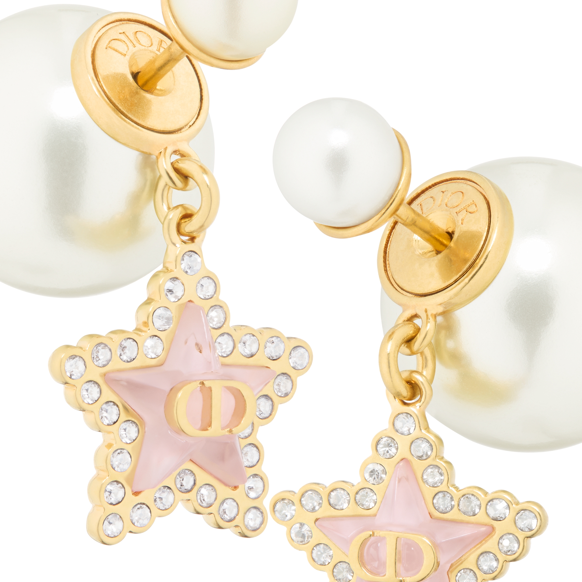 Dior Tribales Earrings Gold-Finish Metal, White Resin Pearls, Silver-Tone Crystals and Macaron Pink Glass E09
