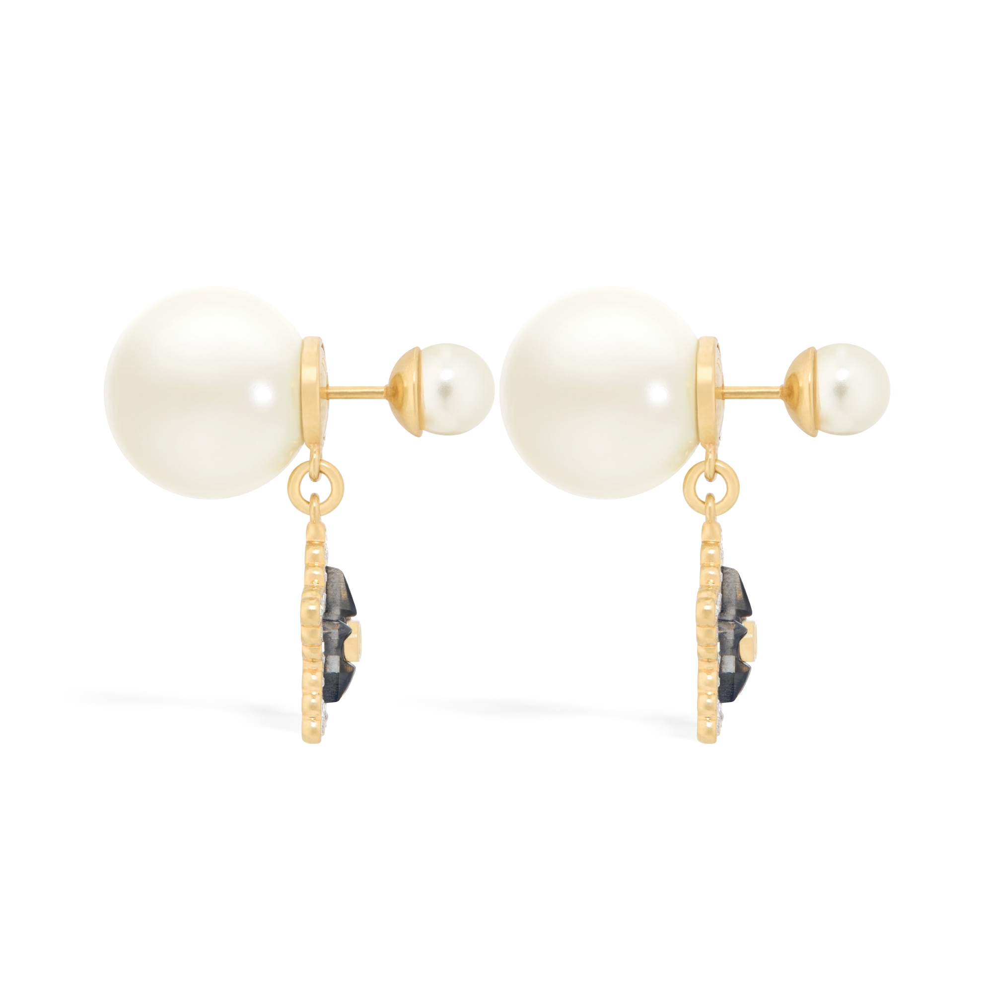 Brincos Dior Tribales Metal com acabamento dourado, pérolas de resina branca, cristais prateados e vidro azul-oceano E02