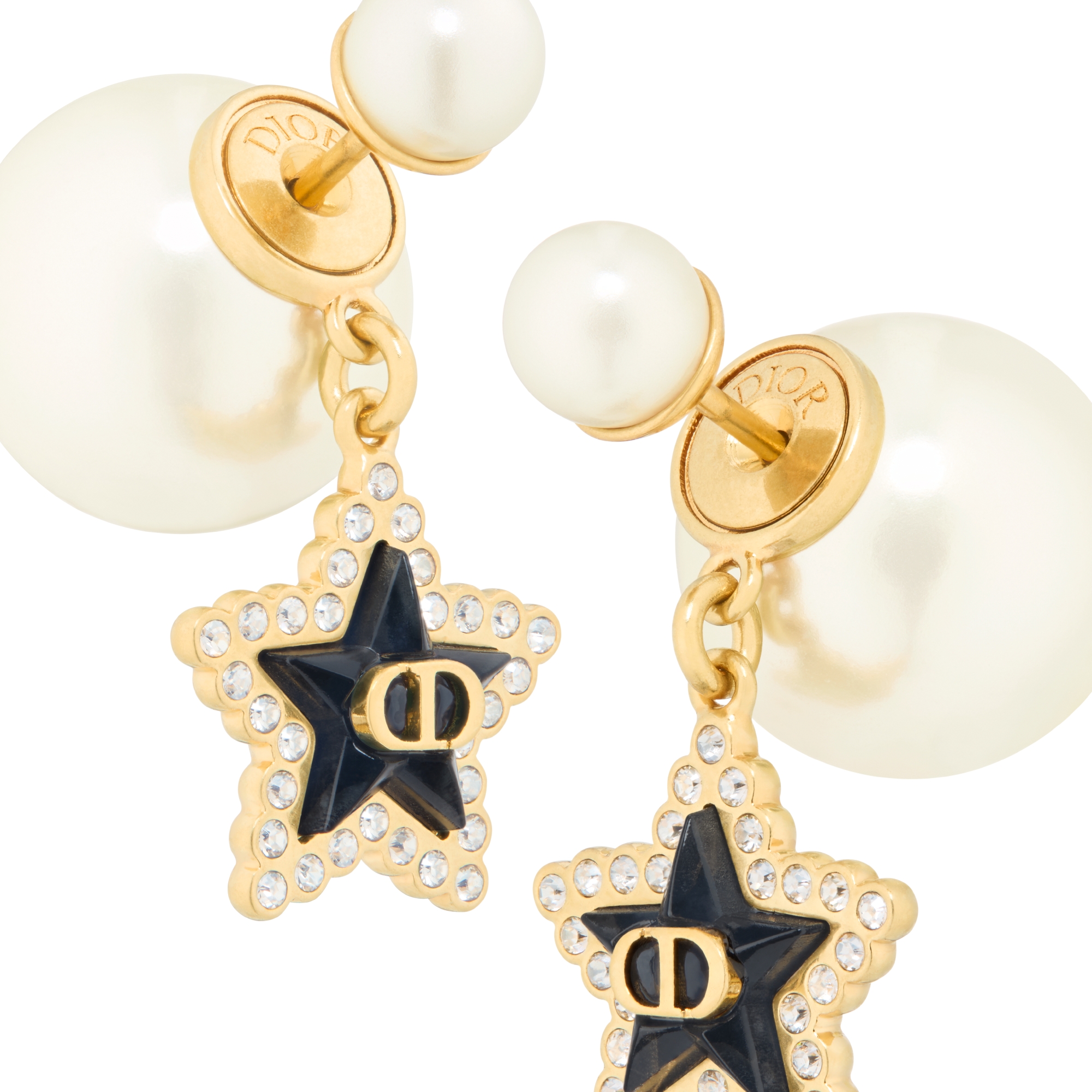 Dior Tribales Earrings Gold-Finish Metal, White Resin Pearls, Silver-Tone Crystals and Deep Ocean Blue Glass E09