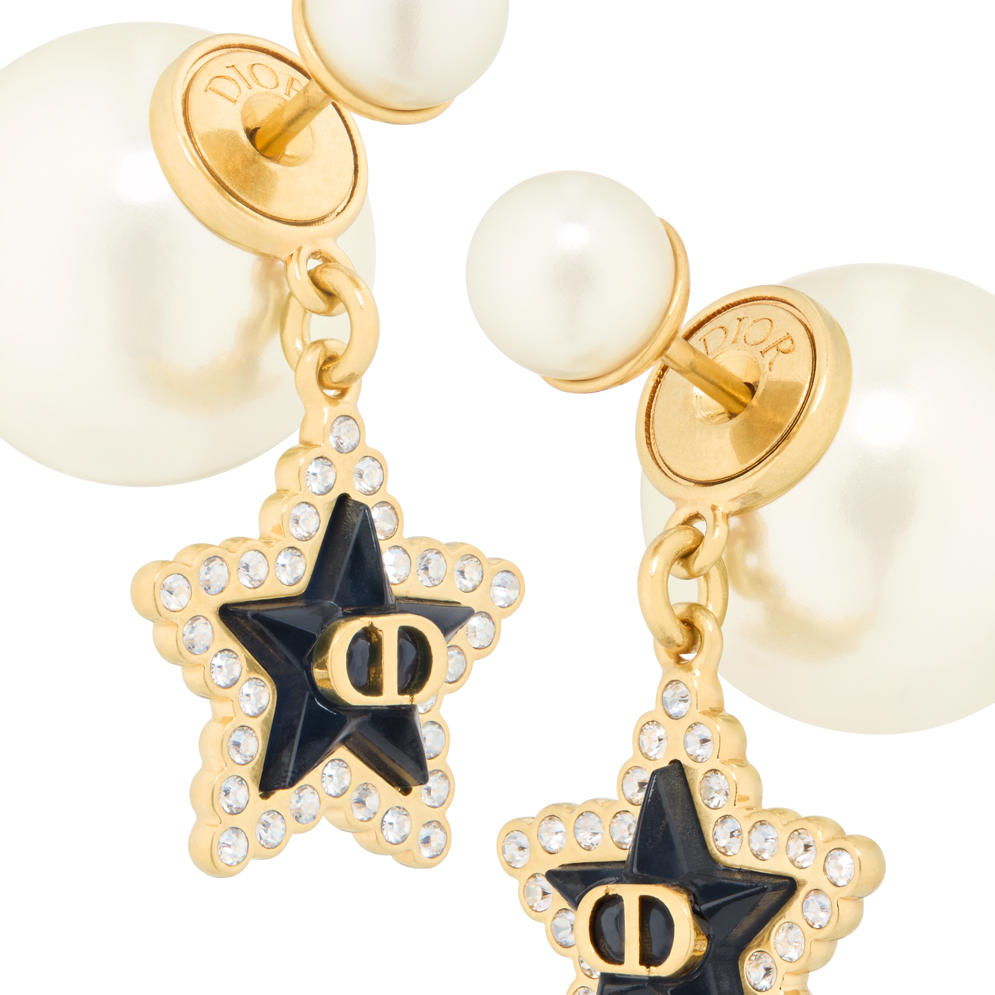 Dior Tribales Earrings Gold-Finish Metal, White Resin Pearls, Silver-Tone Crystals and Deep Ocean Blue Glass E09