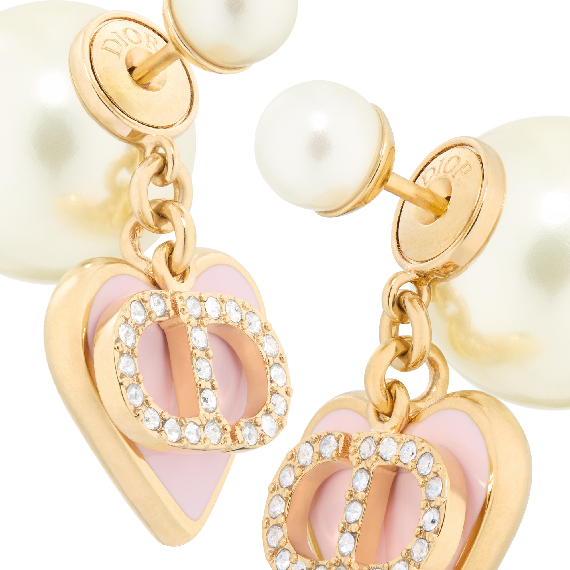 Dioramour Dior Tribales Earrings Gold-Finish Metal, White Resin Pearls, Silver-Tone Crystals and Macaron Pink Lacquer E09
