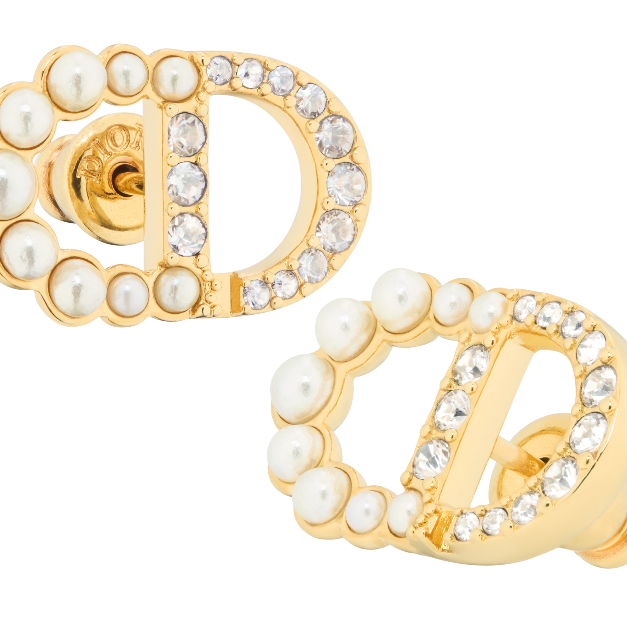 Petit CD Duo Stud Earrings Gold-Finish Metal, White Resin Pearls and Sparkling Crystals E09