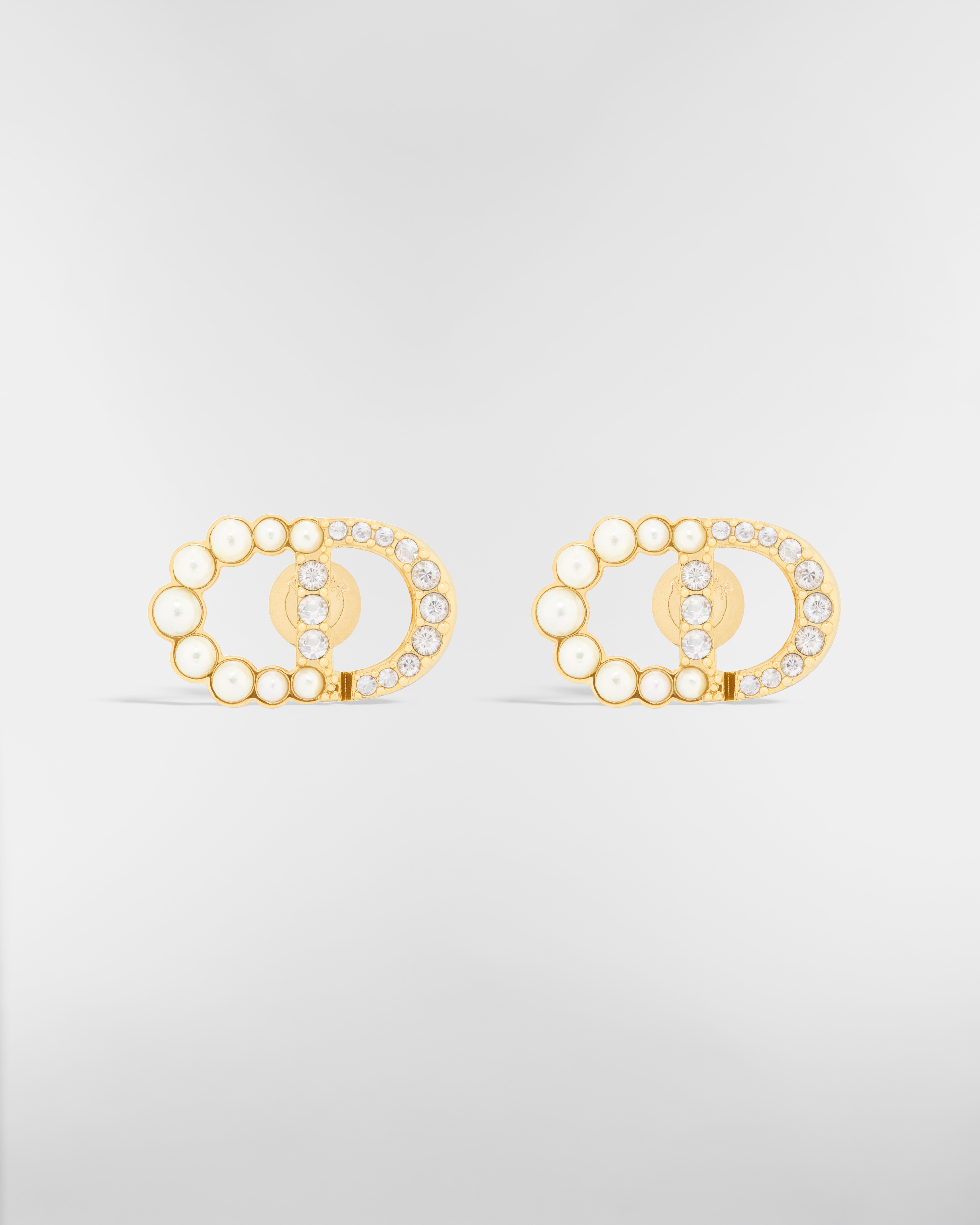 Petit CD Duo 스터드 귀걸이 골드 피니시 메탈 & 화이트 레진 진주, 스파클링 크리스탈 E01