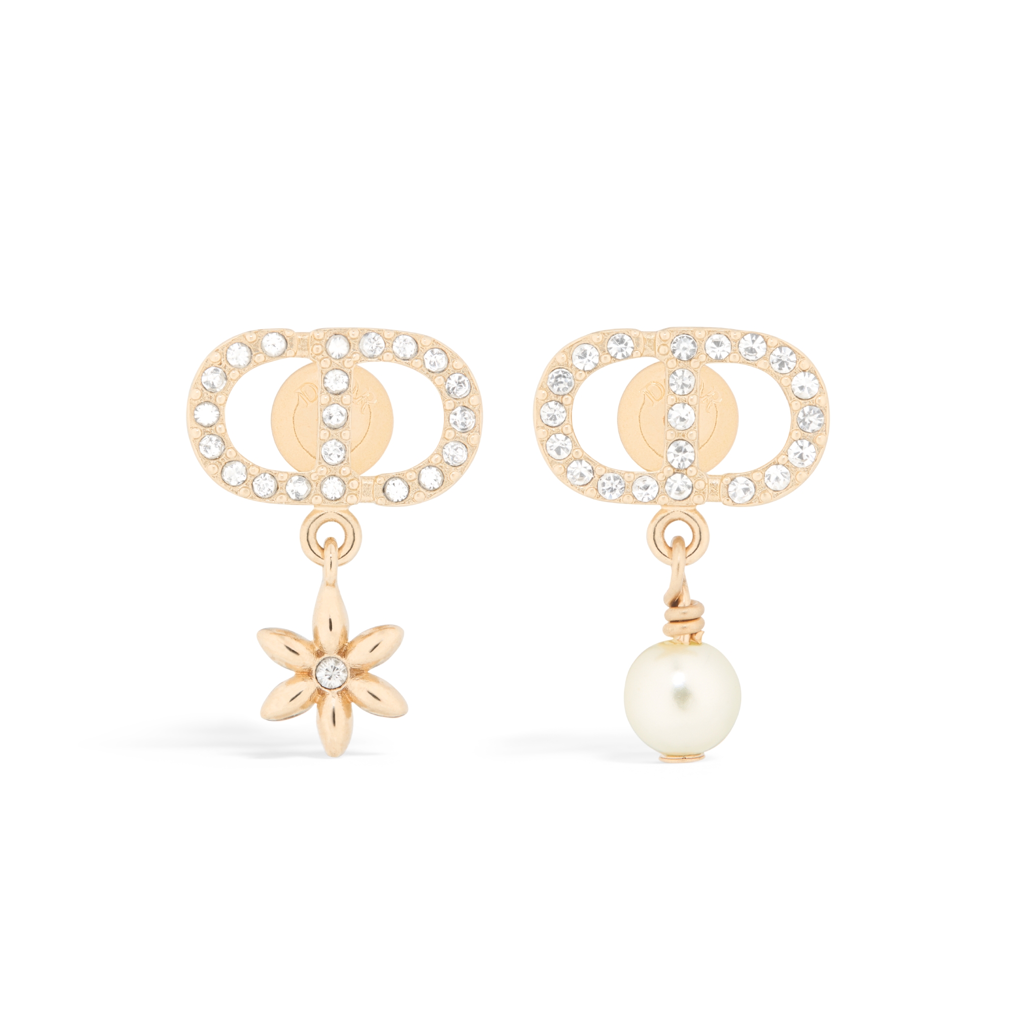 Petit CD Daisy Ohrringe Metall mit hellem Gold-Finish, Kunstharzperle in Weiß und Kristalle in Silberfarbe E01