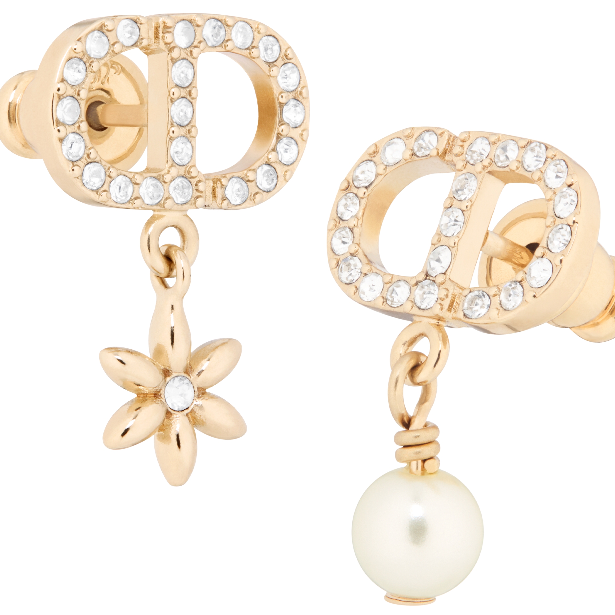 Petit CD Daisy Earrings Pale Gold-Finish Metal, White Resin Pearl and Silver-Tone Crystals E09