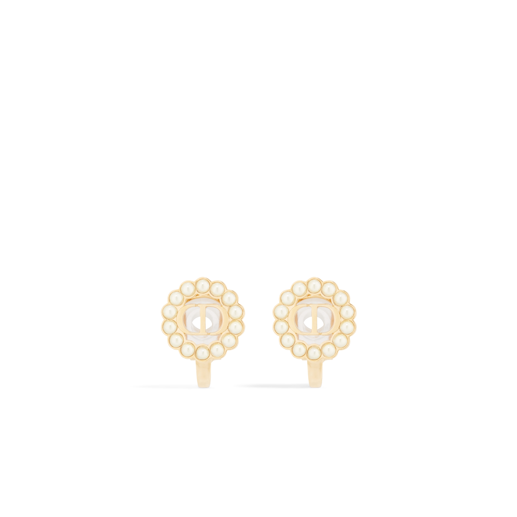 Petit CD Circle Clip-On Stud Earrings Gold-Finish Metal and White Resin Pearls E01