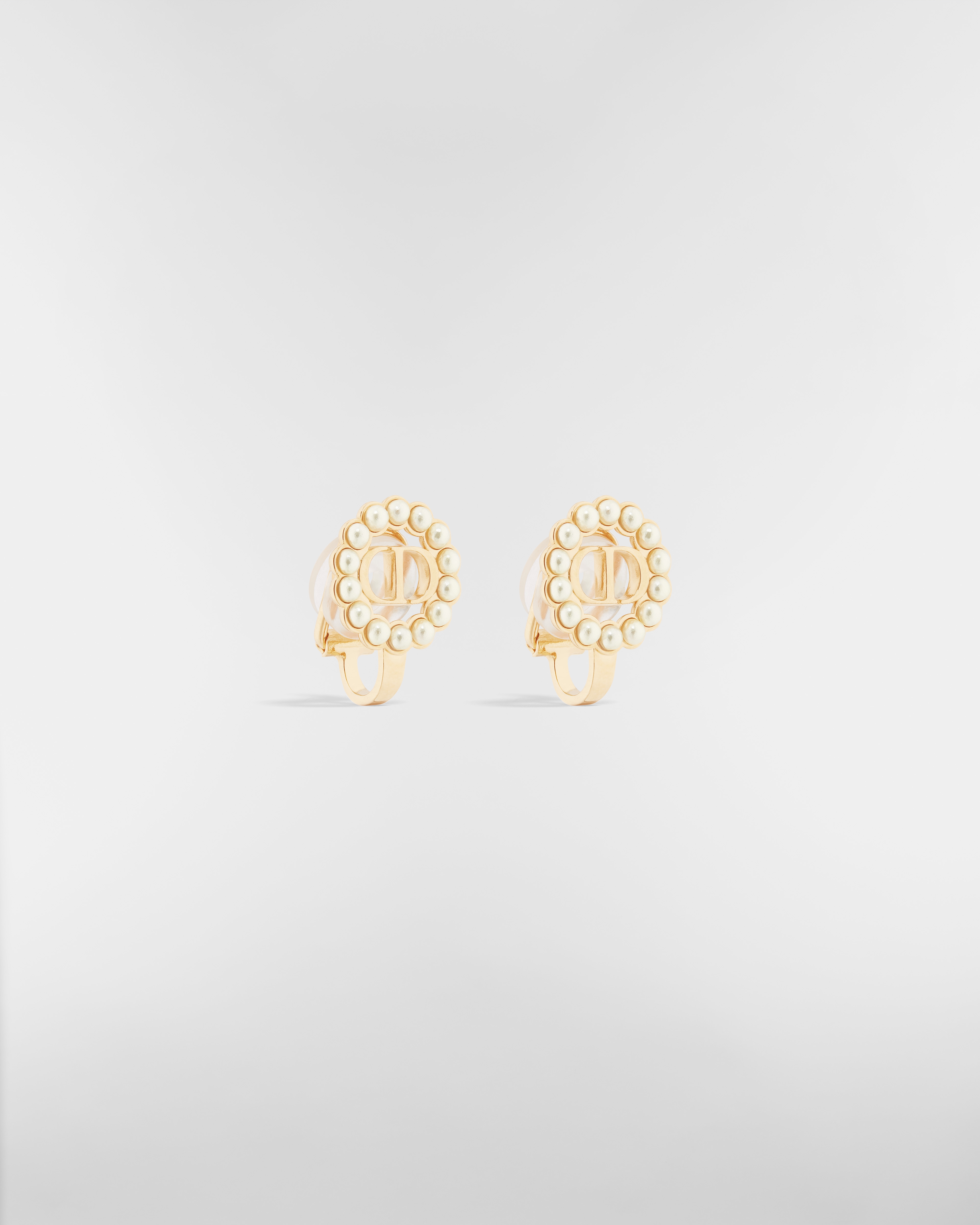 Petit CD Circle Clip-On Stud Earrings Gold-Finish Metal and White Resin Pearls E03