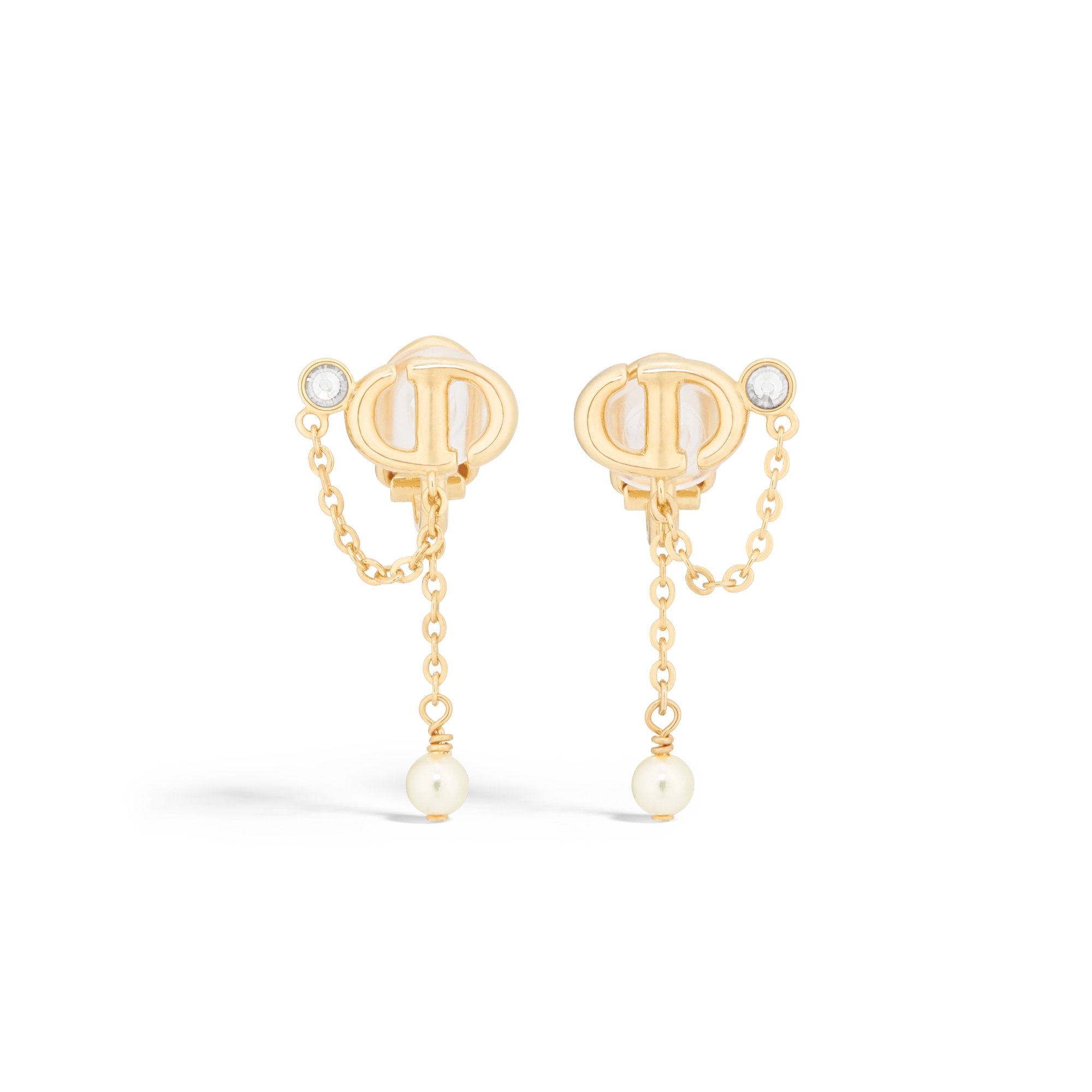 CD Navy Clip-On Earrings Gold-Finish Metal, White Resin Pearls and Silver-Tone Crystals E01