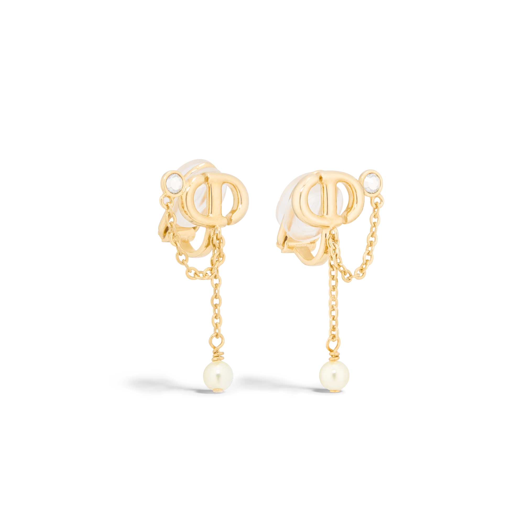 ต่างหู CD Navy แบบหนีบ โลหะเคลือบทอง ไข่มุกเรซินสีขาว และคริสตัลโทนสีเงิน E03