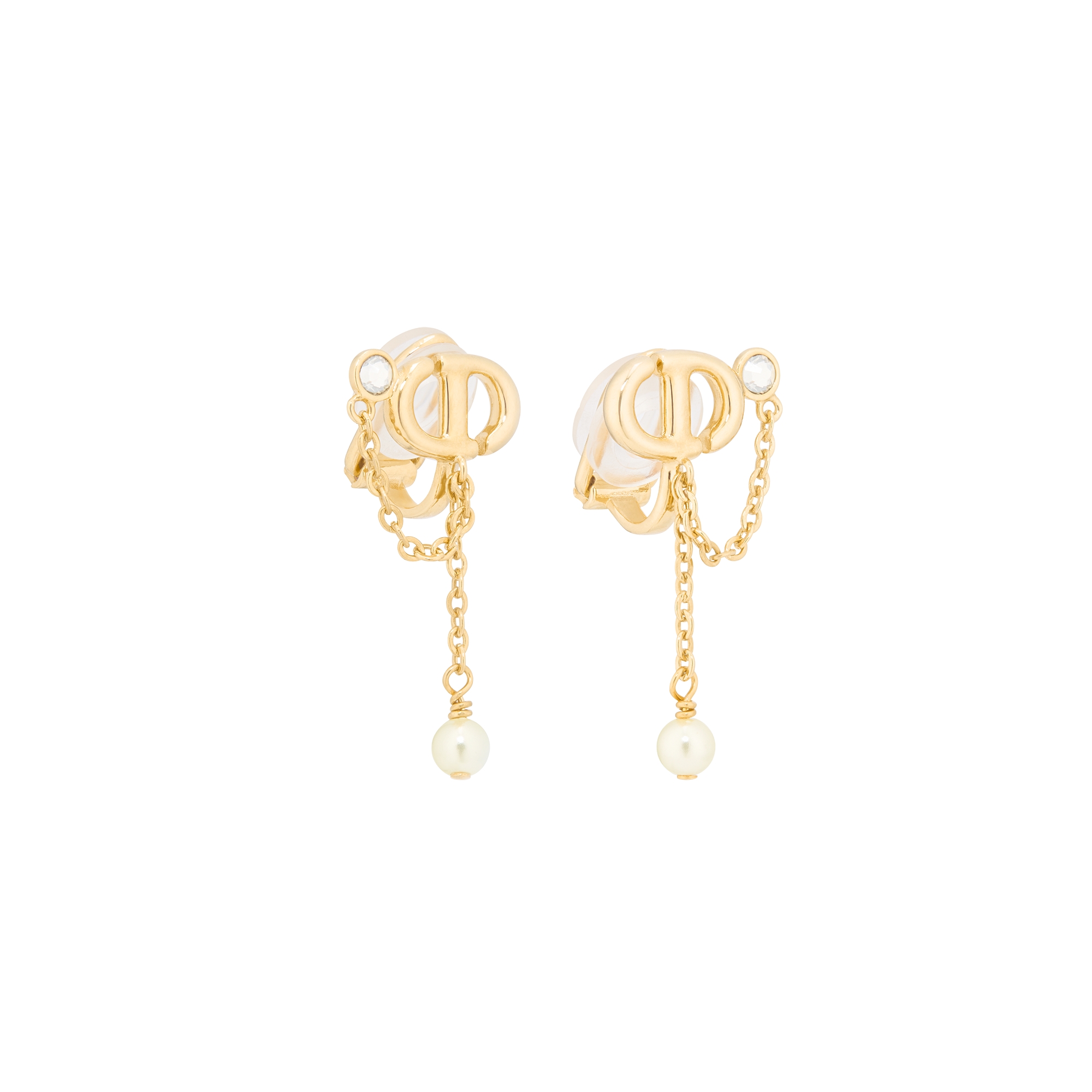 CD Navy Clip-On Earrings Gold-Finish Metal, White Resin Pearls and Silver-Tone Crystals E03