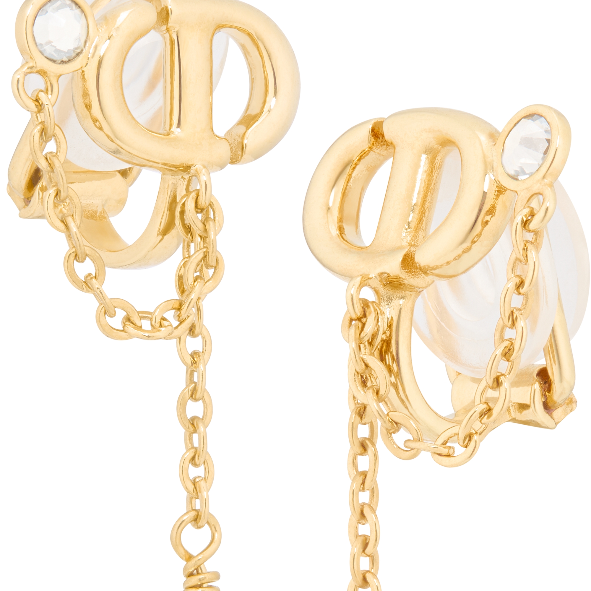 CD Navy Clip-On Earrings Gold-Finish Metal, White Resin Pearls and Silver-Tone Crystals E09