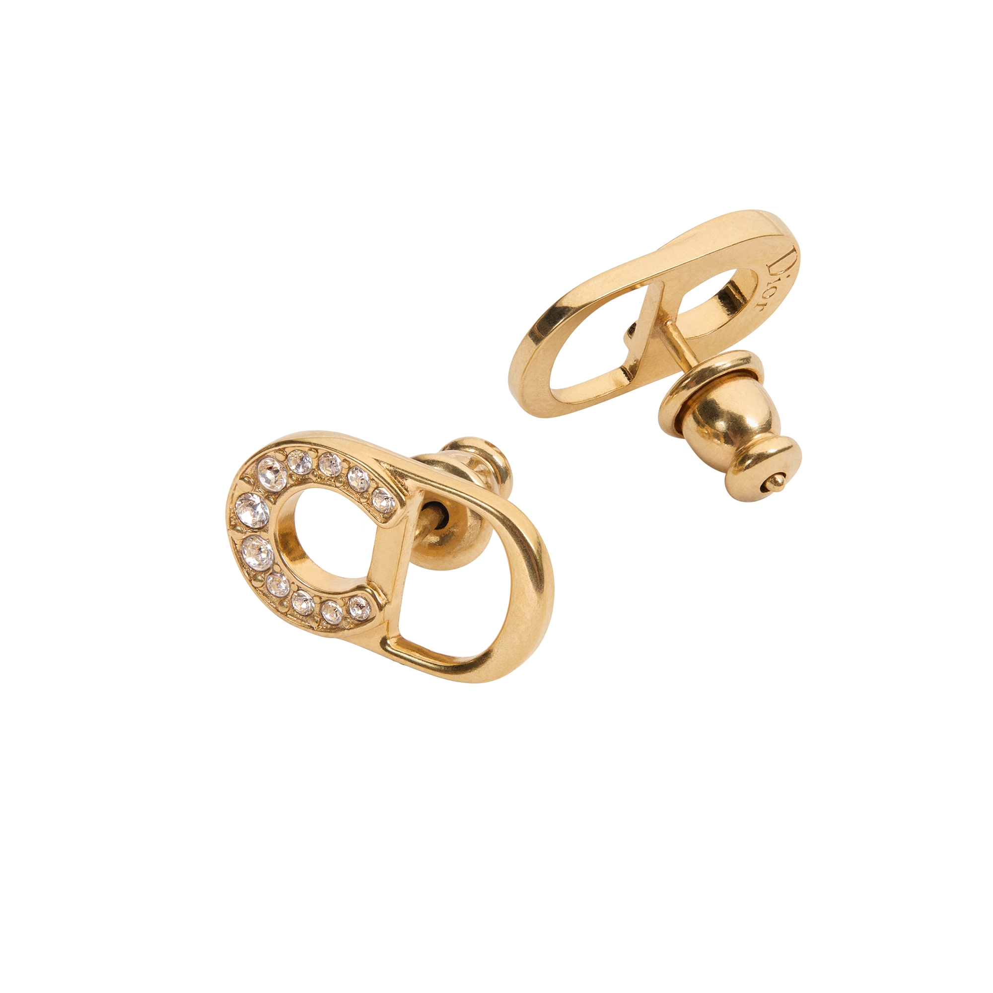 Lucky Dior Stud Earrings Gold-Finish Metal and White Crystals E03