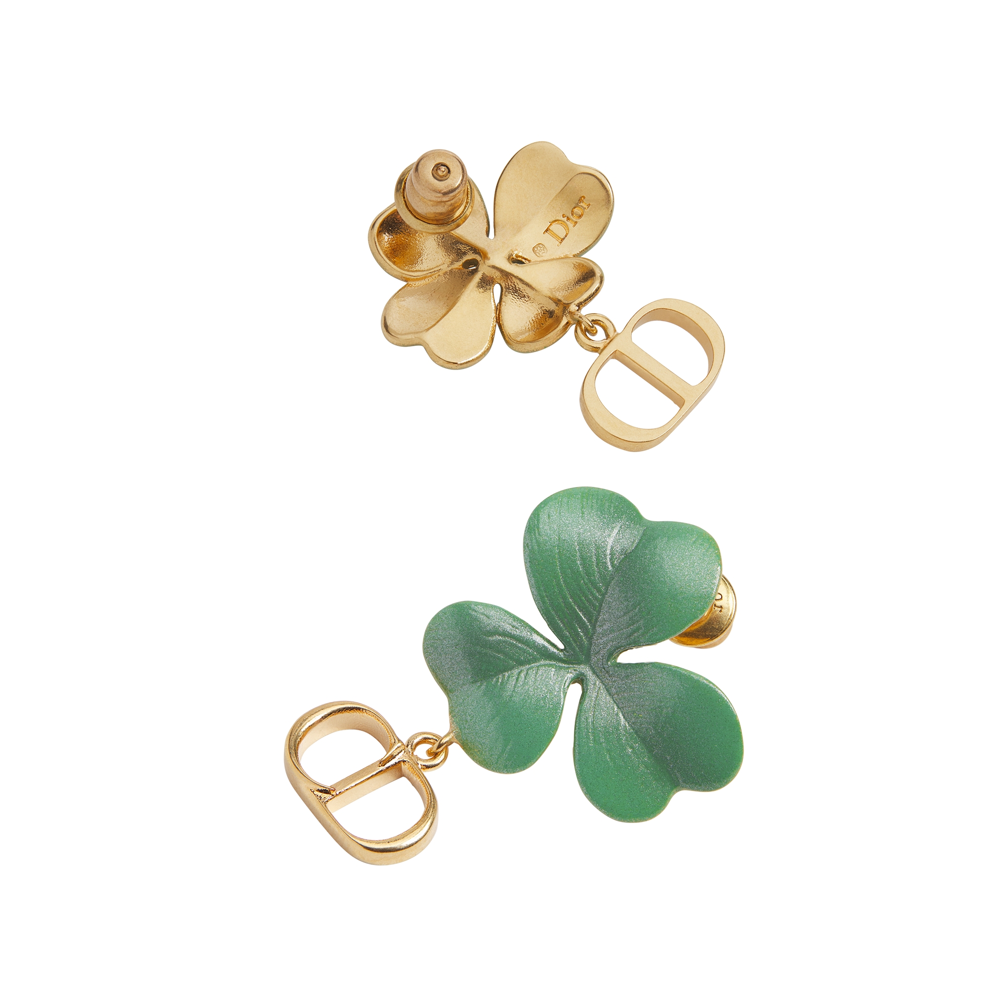 Dior Clover Earrings Gold-Finish Metal and Green Lacquer E06