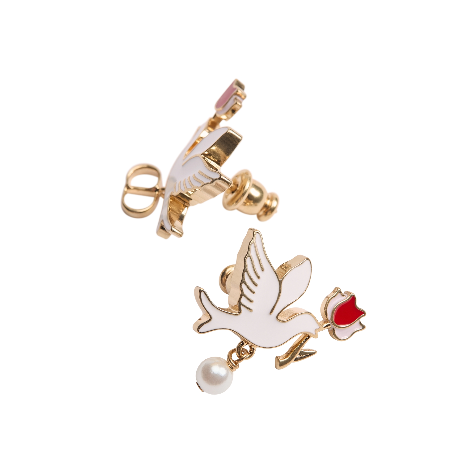 Dioramour Doves & Roses Earrings Gold-Finish Metal, White Resin Pearl and Multicolor Lacquer E06