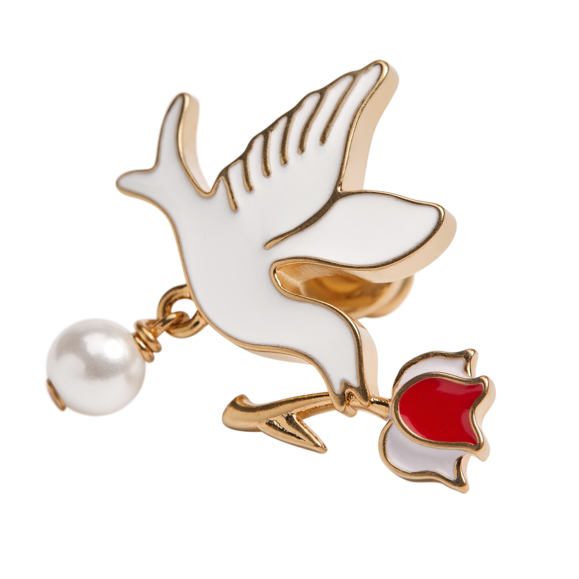 Dioramour Doves & Roses Earrings Gold-Finish Metal, White Resin Pearl and Multicolor Lacquer E09
