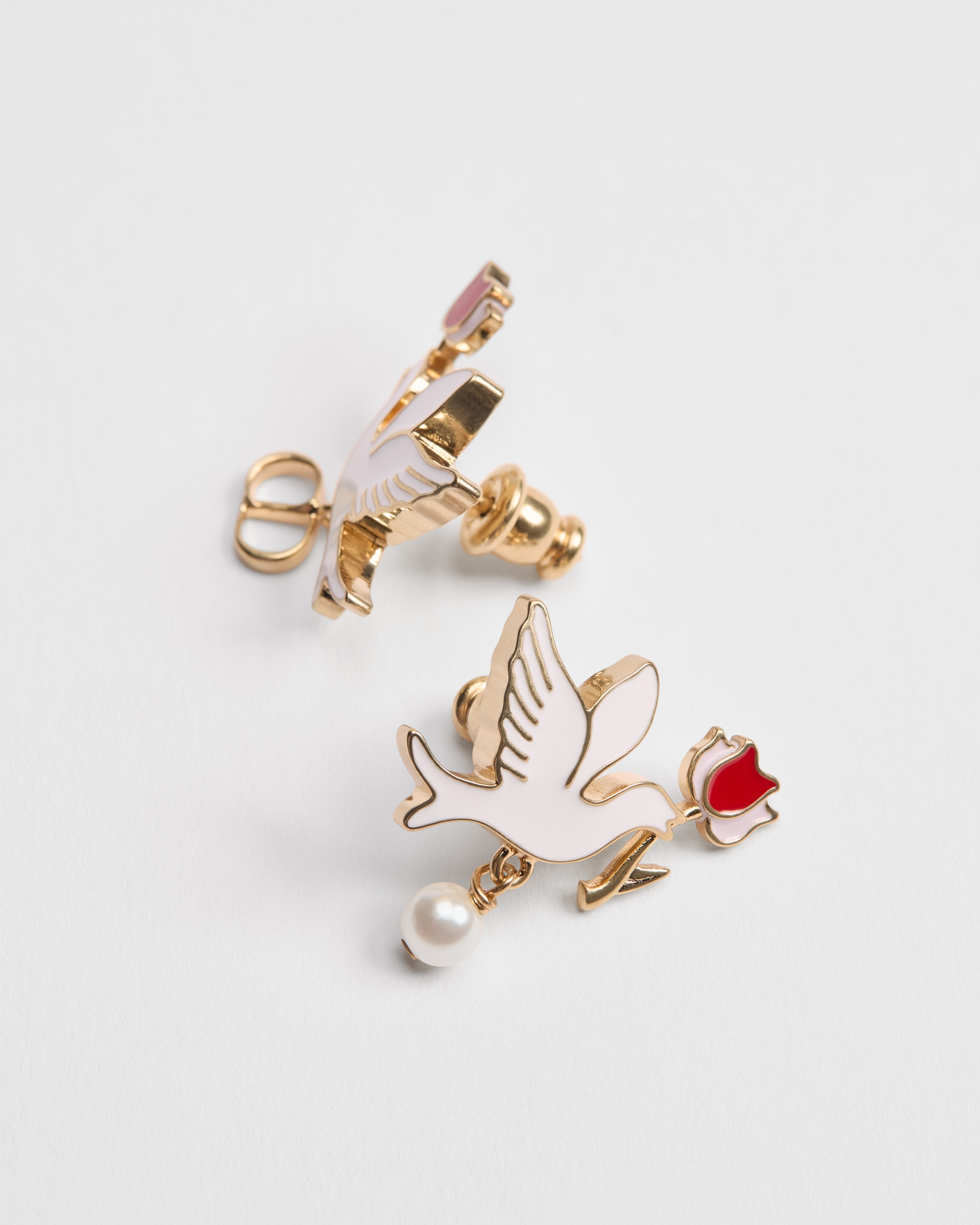 Dioramour Doves & Roses Earrings Gold-Finish Metal, White Resin Pearl and Multicolor Lacquer E06