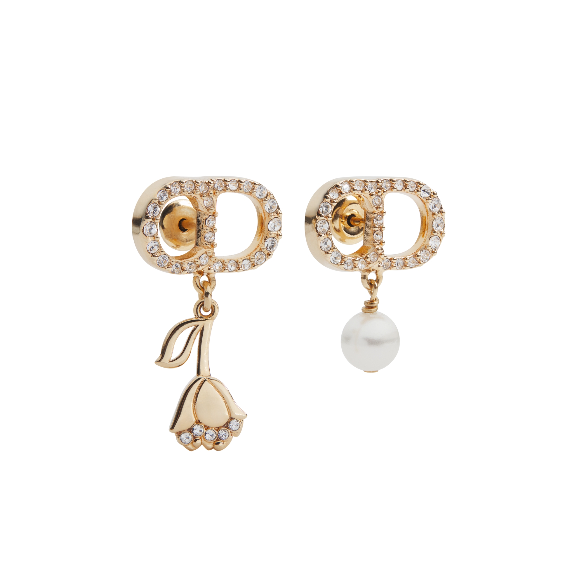 CD Lily Earrings Gold-Finish Metal, White Resin Pearl and Crystals E01