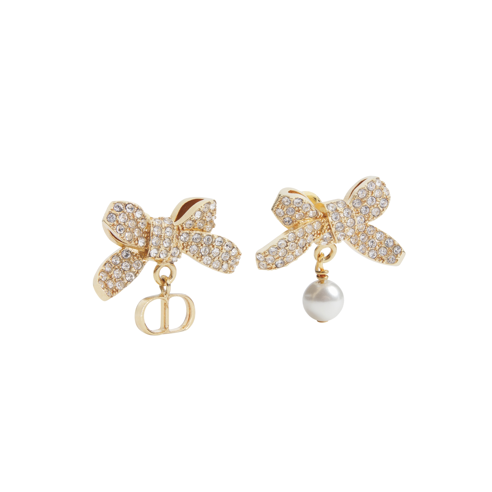 Delicate Bow Earrings Gold-Finish Metal, White Resin Pearl and Crystals E01