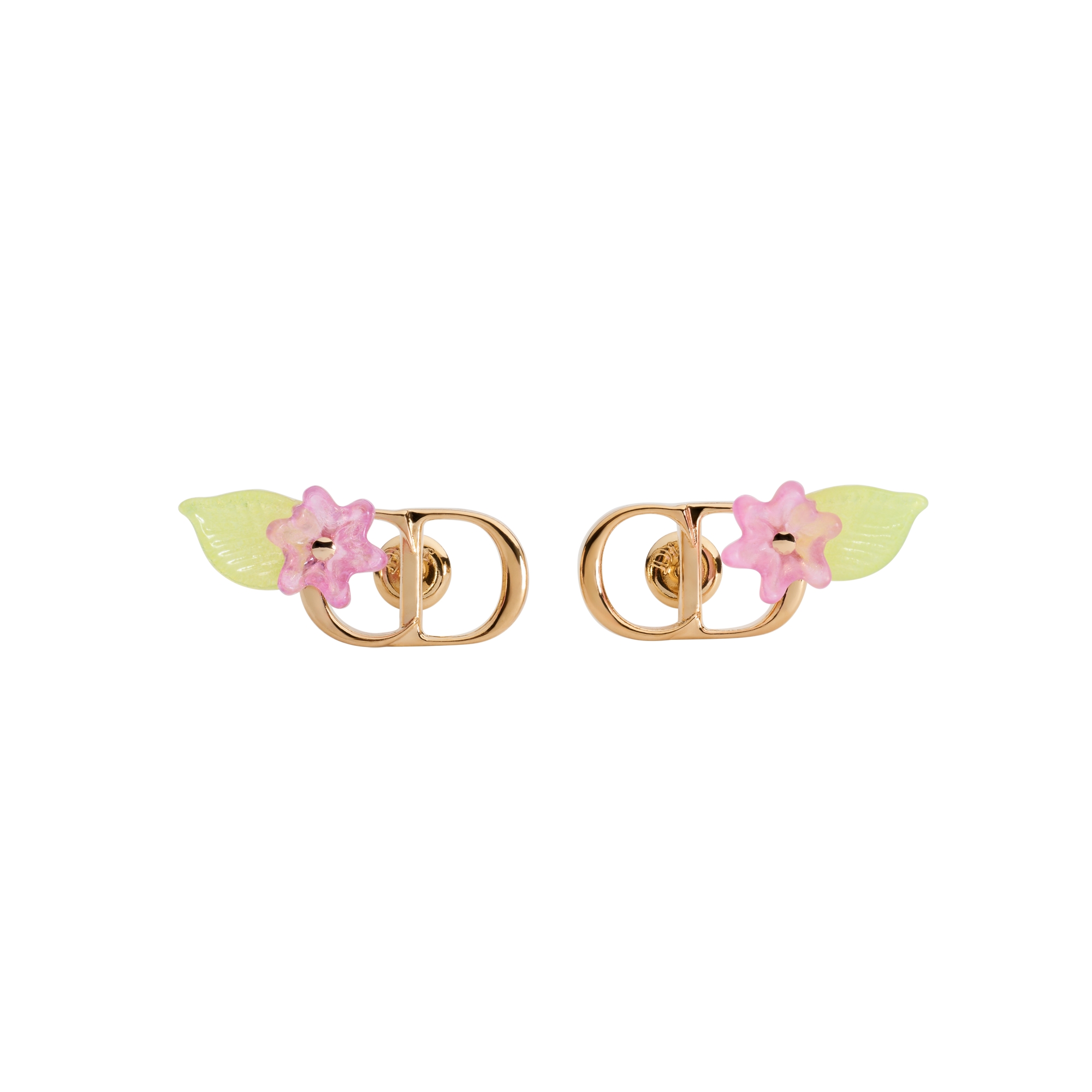 Dioriviera Brush & Bloom Stud Earrings Gold-Finish Metal with Pink and Green Resin E01