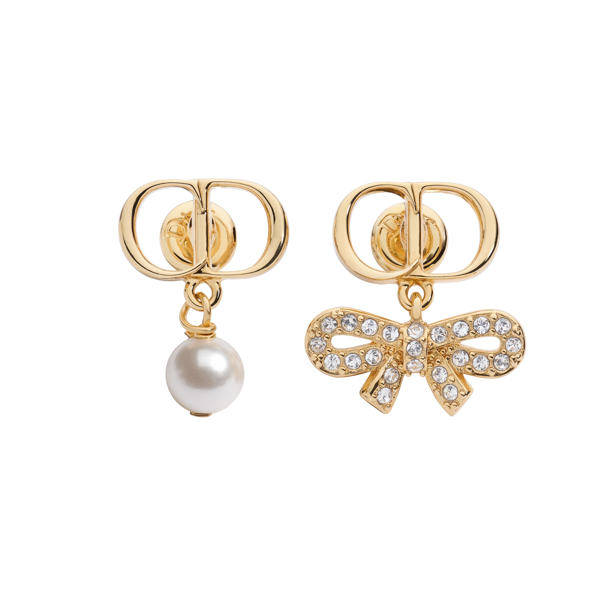 CD Mini Bow Earrings Gold-Finish Metal, White Resin Pearl and Crystals E01