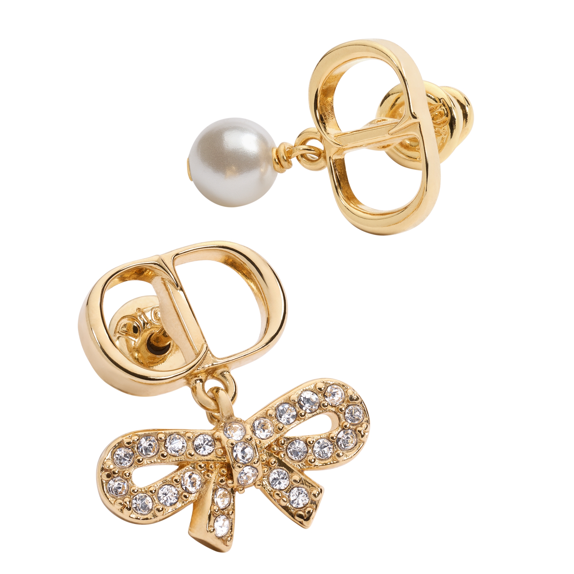 CD Mini Bow Earrings Gold-Finish Metal, White Resin Pearl and Crystals E09