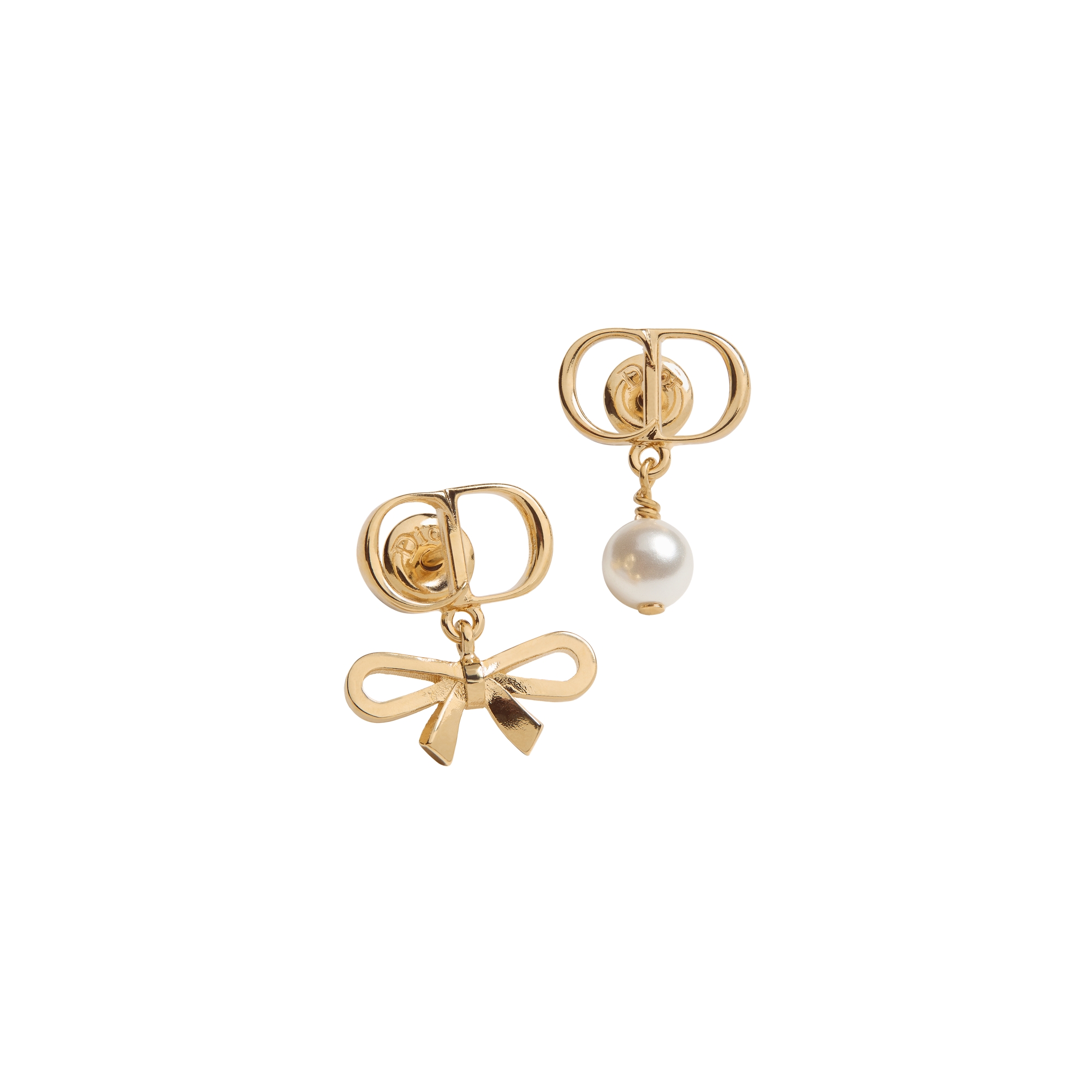 CD Mini Bow Earrings Gold-Finish Metal and White Resin Pearl E01