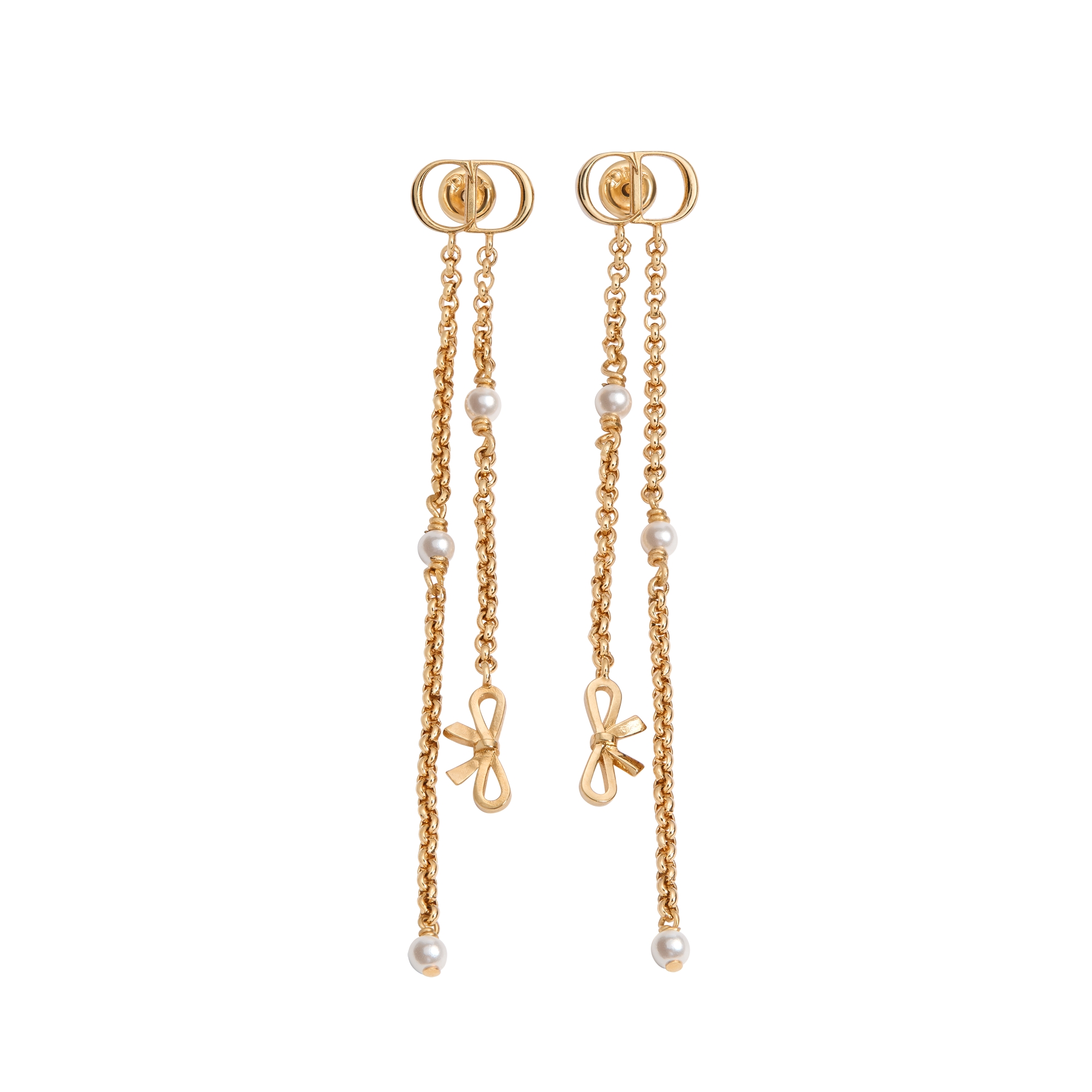 CD Mini Bow Earrings Gold-Finish Metal and White Resin Pearls E01