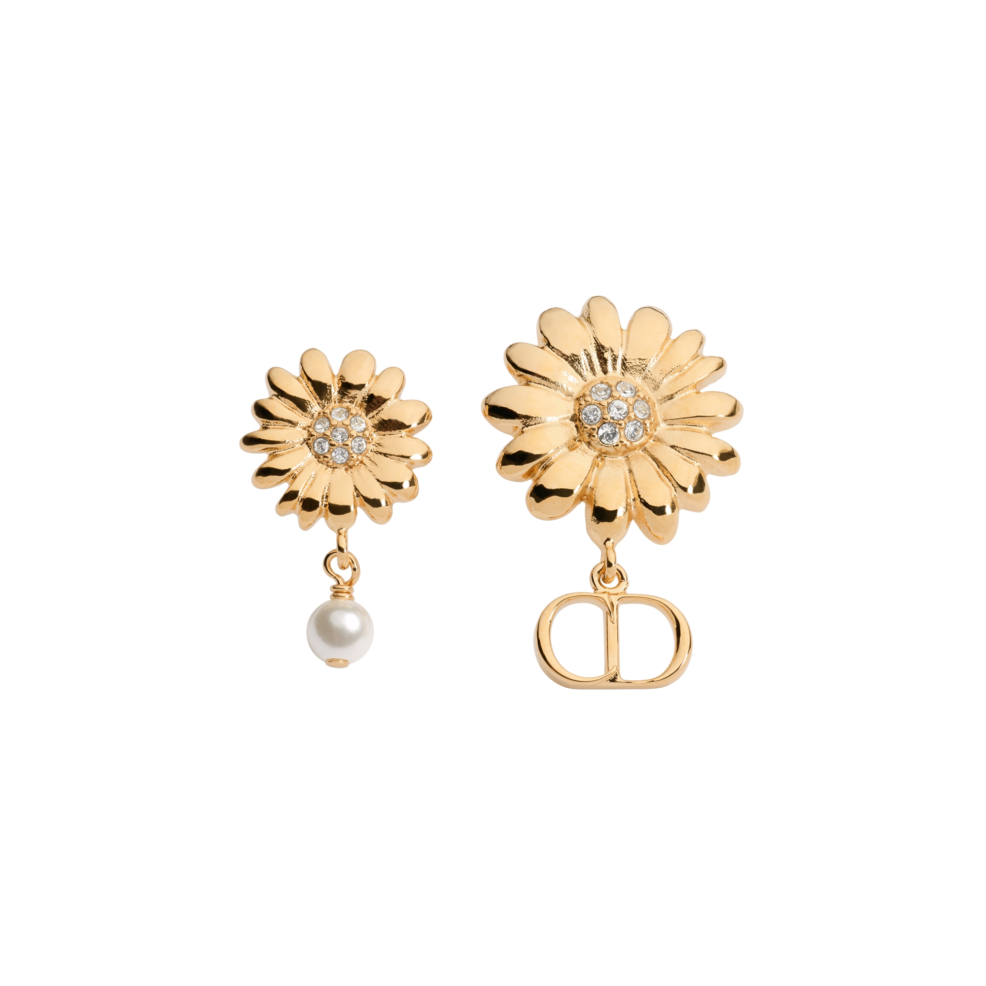 CD Multi Flowers Earrings Gold-Finish Metal, White Resin Pearl and Crystals E01