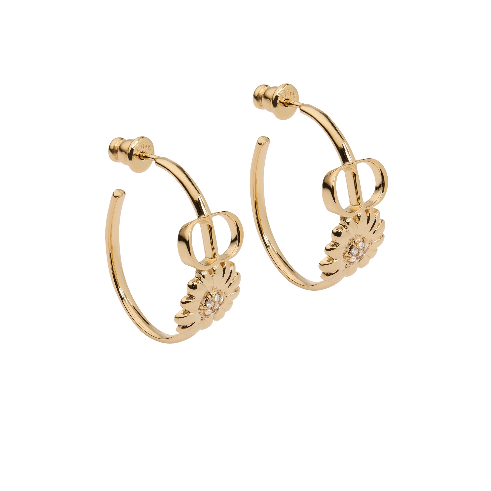 CD Multi Flowers Hoop Earrings Gold-Finish Metal and Crystals E01
