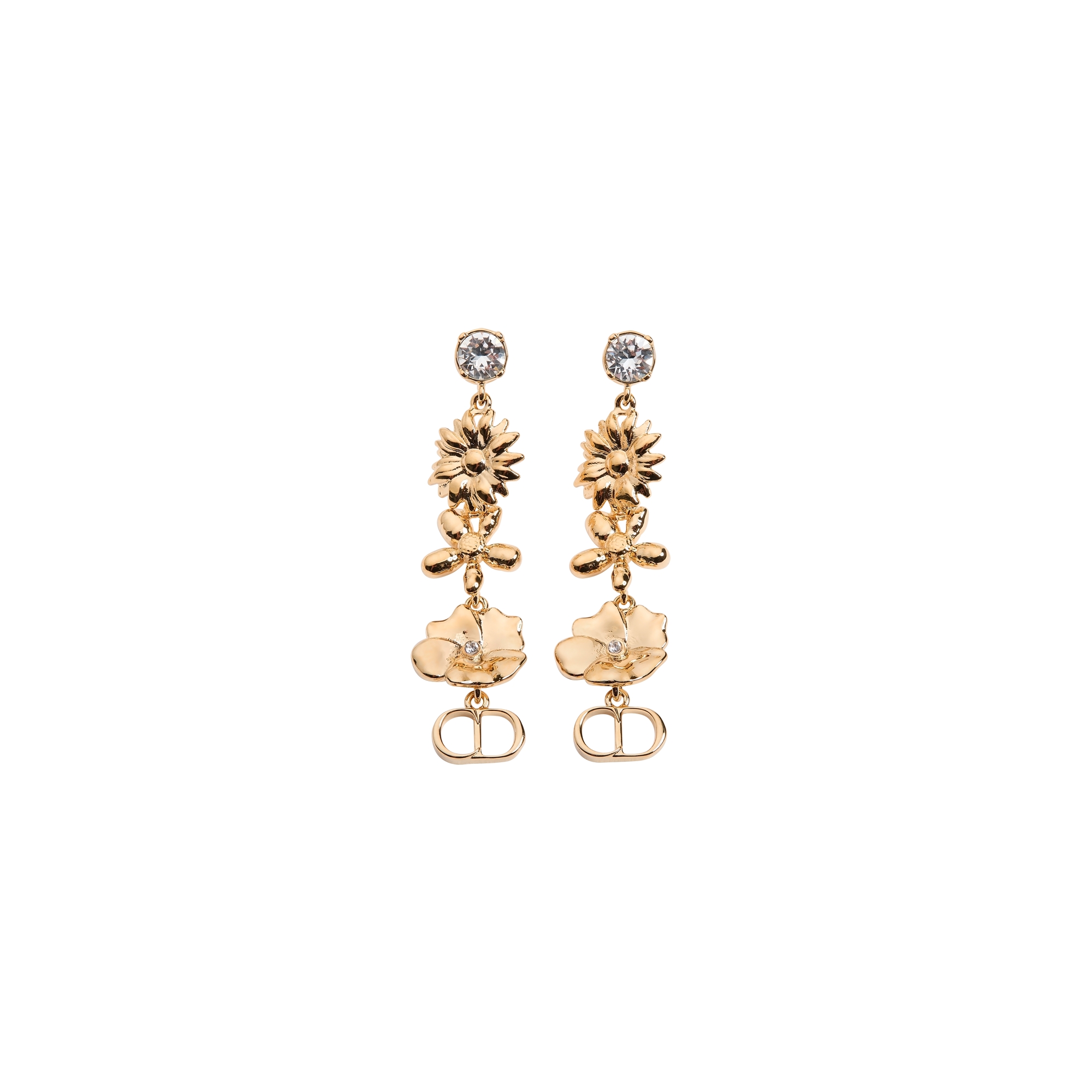 CD Multi Flowers Earrings Gold-Finish Metal and Crystals E01