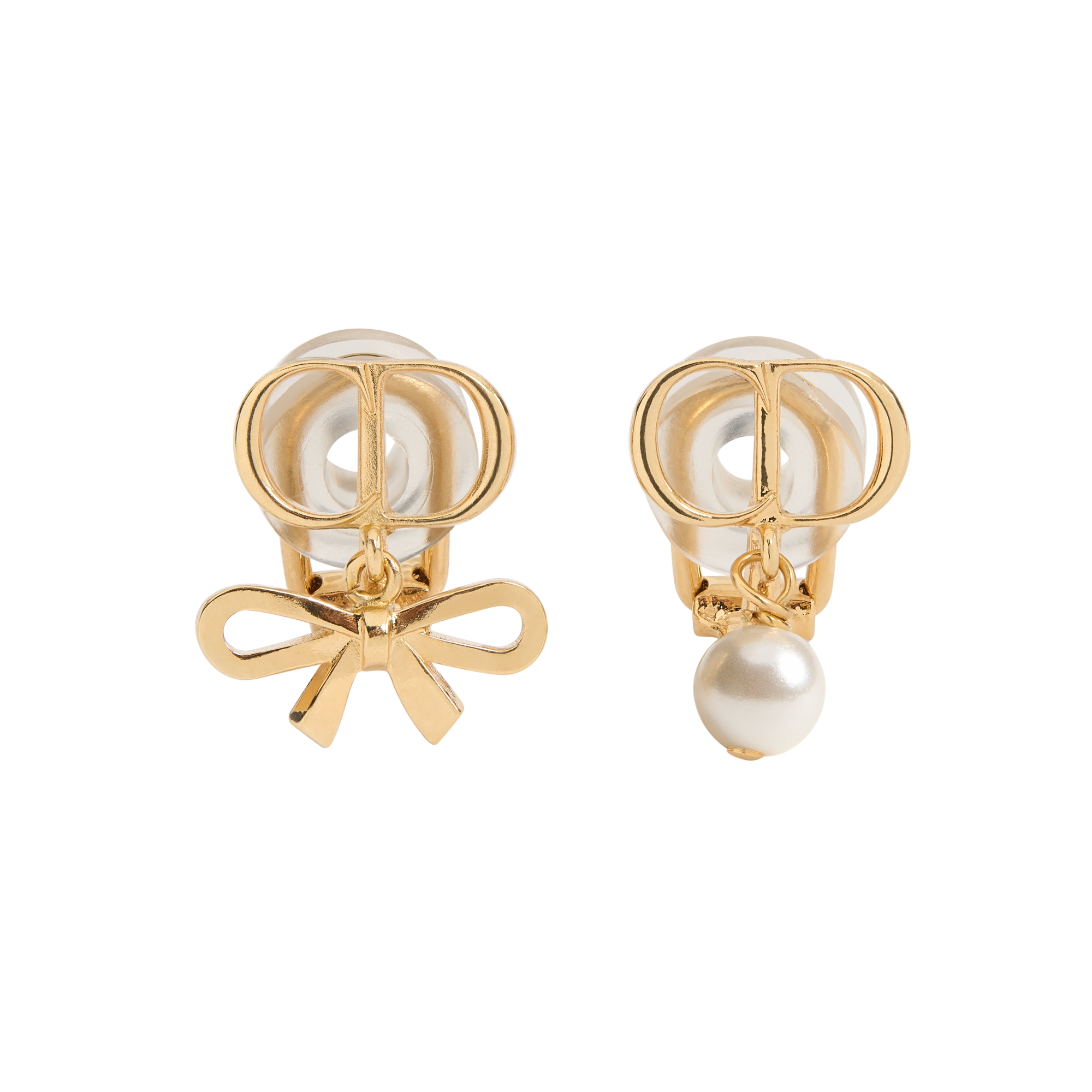 CD Mini Bow Clip-On Earrings Gold-Finish Metal and White Resin