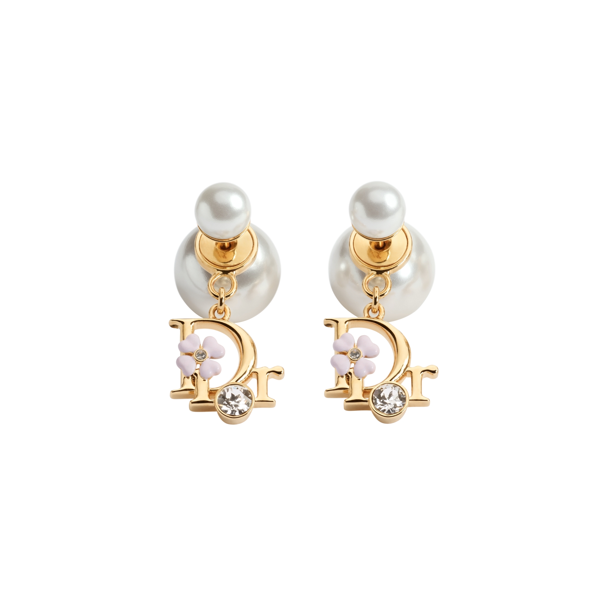  Gold-Finish Metal, White Resin Pearls, Crystals and Pink Lacquer