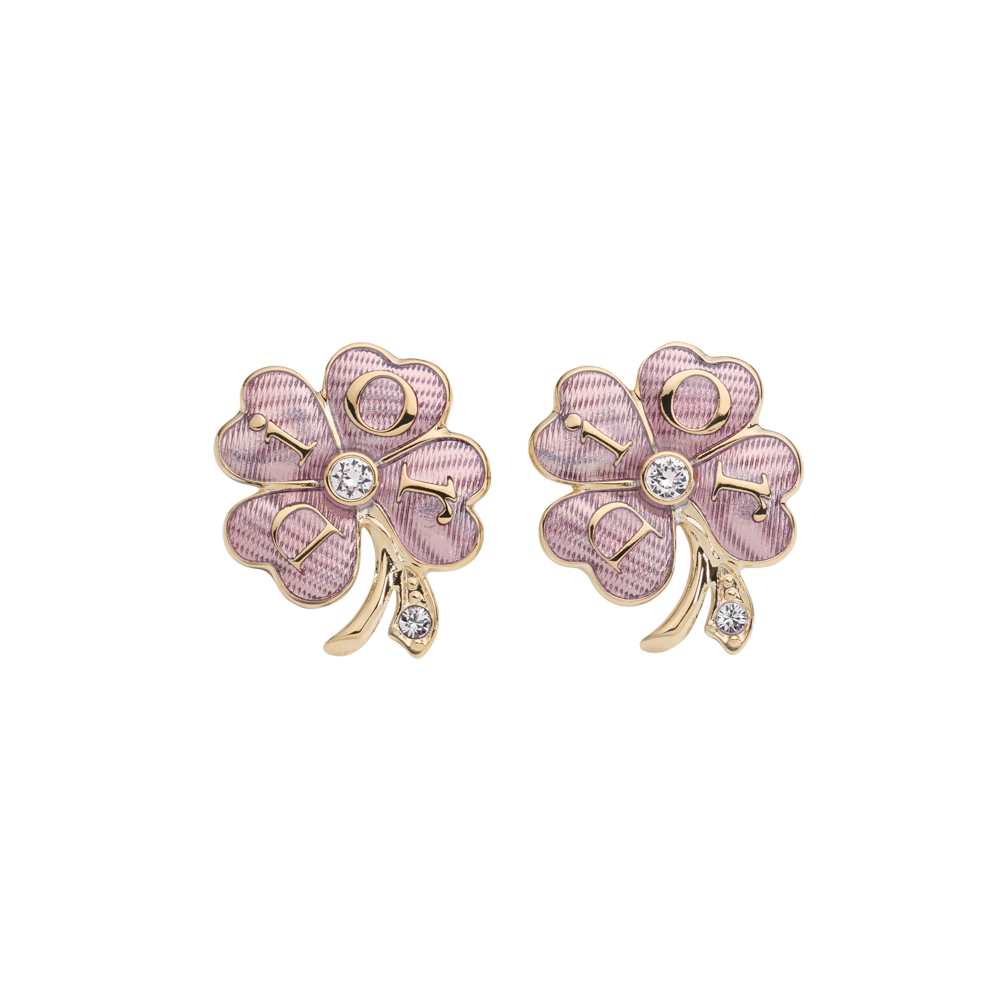 Dior Floral Clover Stud Earrings Pale Gold-Finish Metal, Crystals and Shiny Pink Lacquer E01