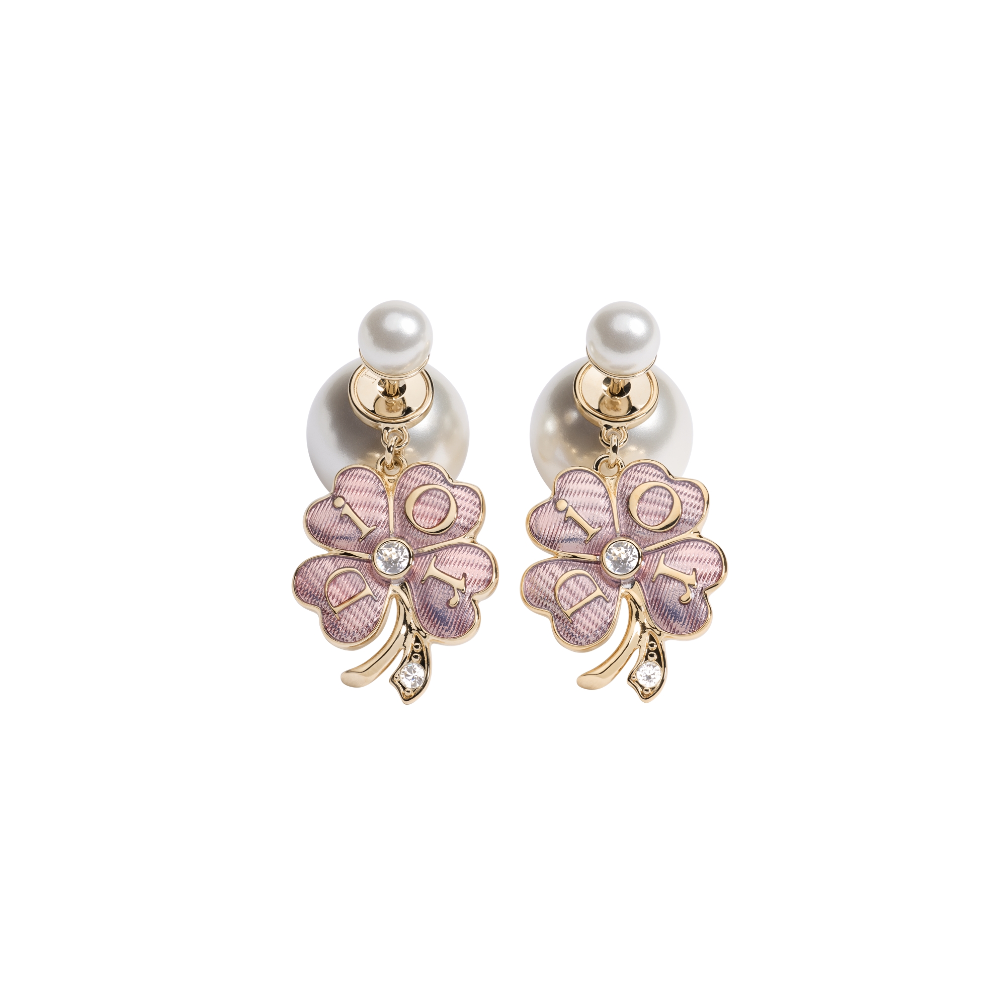 Dior Tribales Earrings Pale Gold-Finish Metal, White Resin Pearls, Crystals and Shiny Pink Lacquer E01