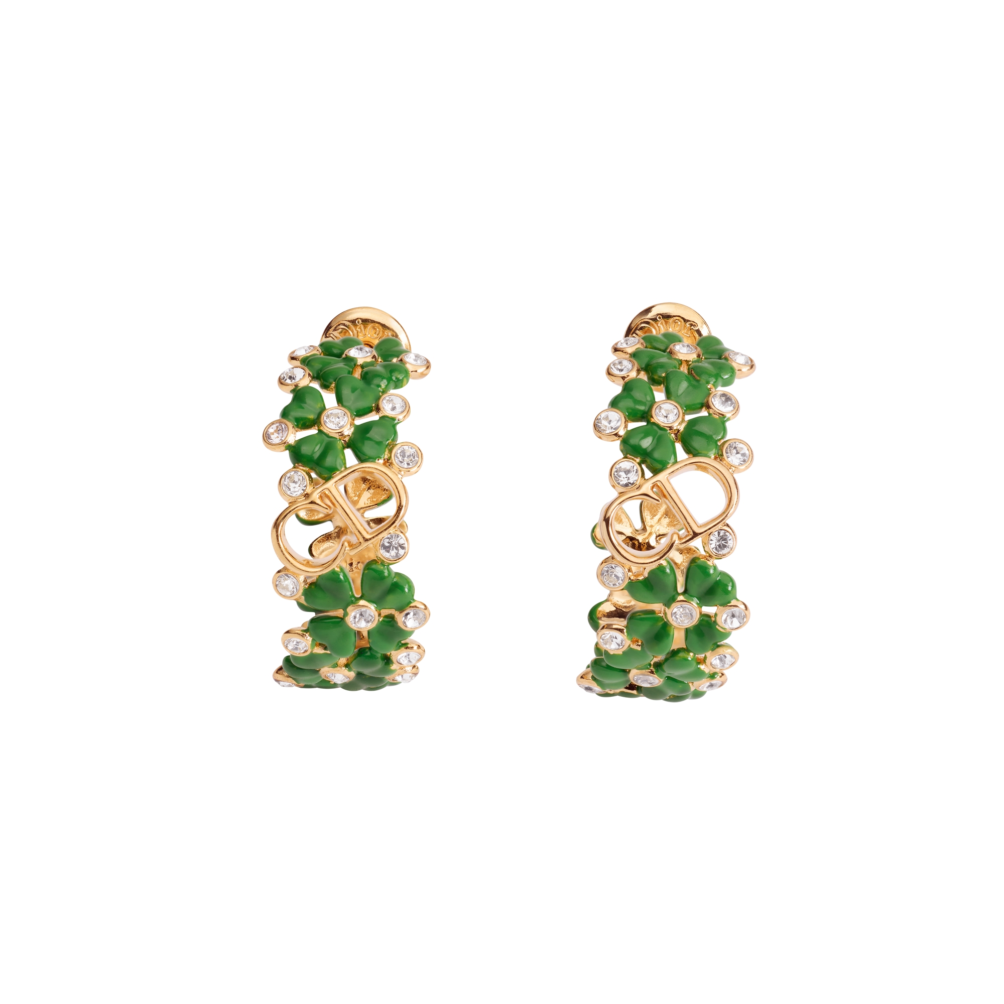 Dior Clover Garden Hoop Earrings Gold-Finish Metal, Crystals and Clover Lucky Green Lacquer E01